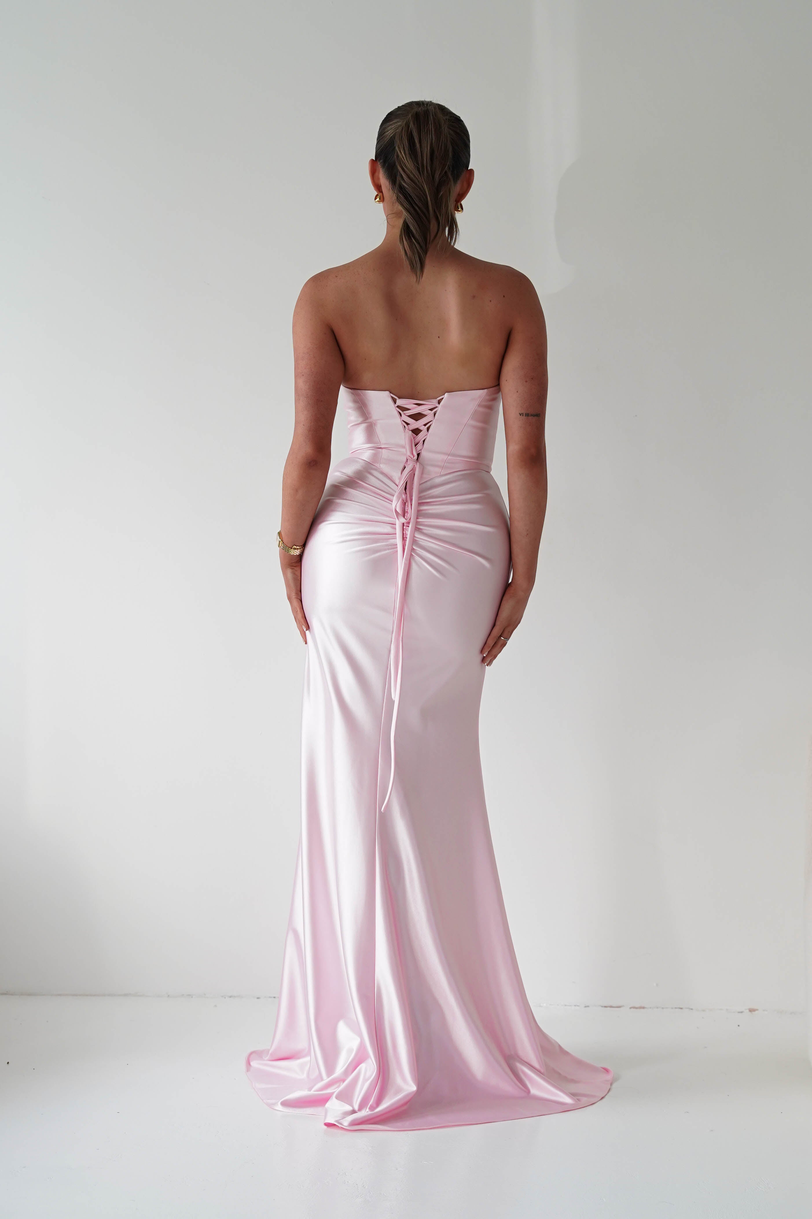 Oh Hello Clothing Women > Clothing > Dresses 1*DONE - Cinderalla-t723-Strapless Satin Maxi Dress with Side Slit in pink Copy)