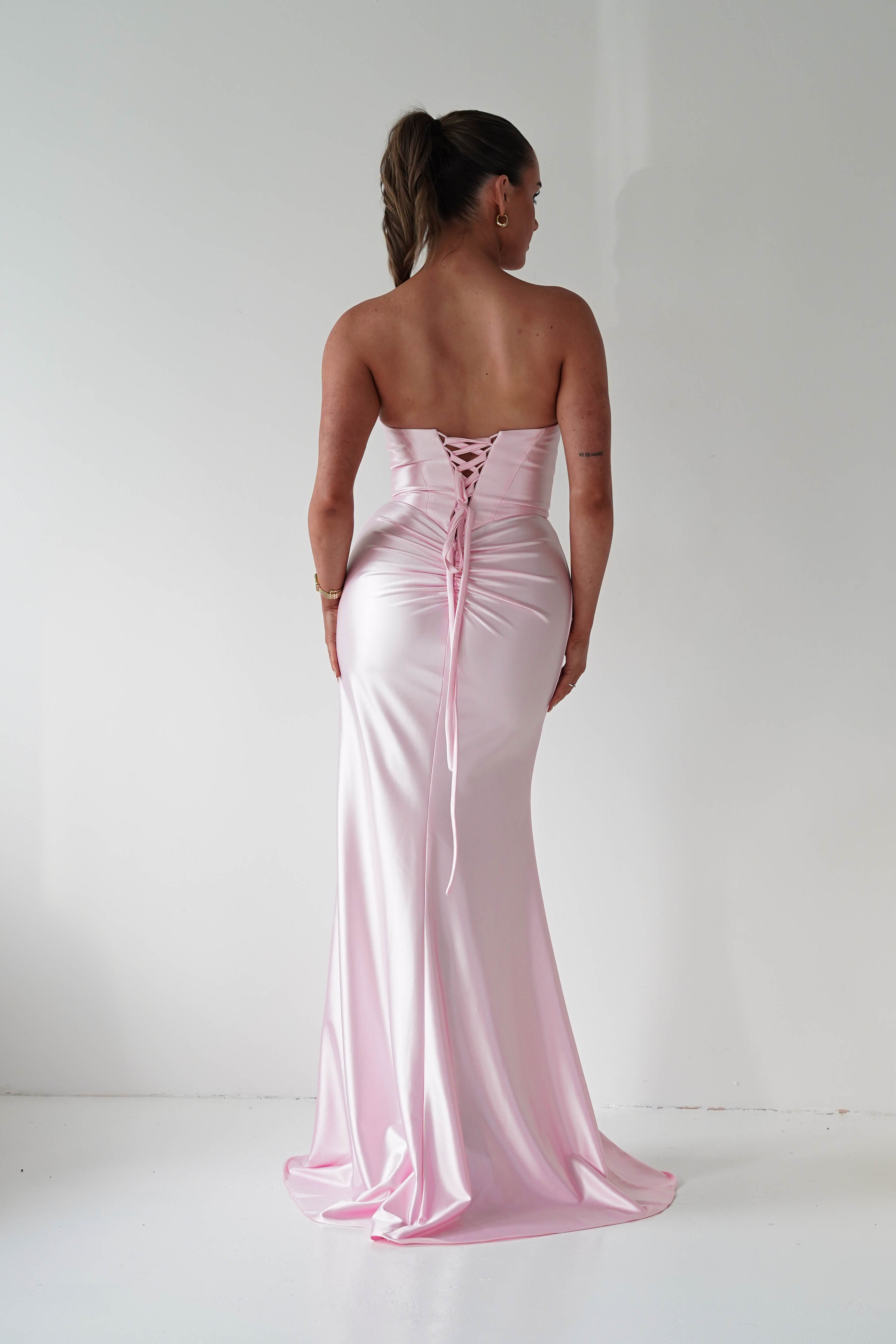 Oh Hello Clothing Women > Clothing > Dresses 1*DONE - Cinderalla-t723-Strapless Satin Maxi Dress with Side Slit in pink Copy)