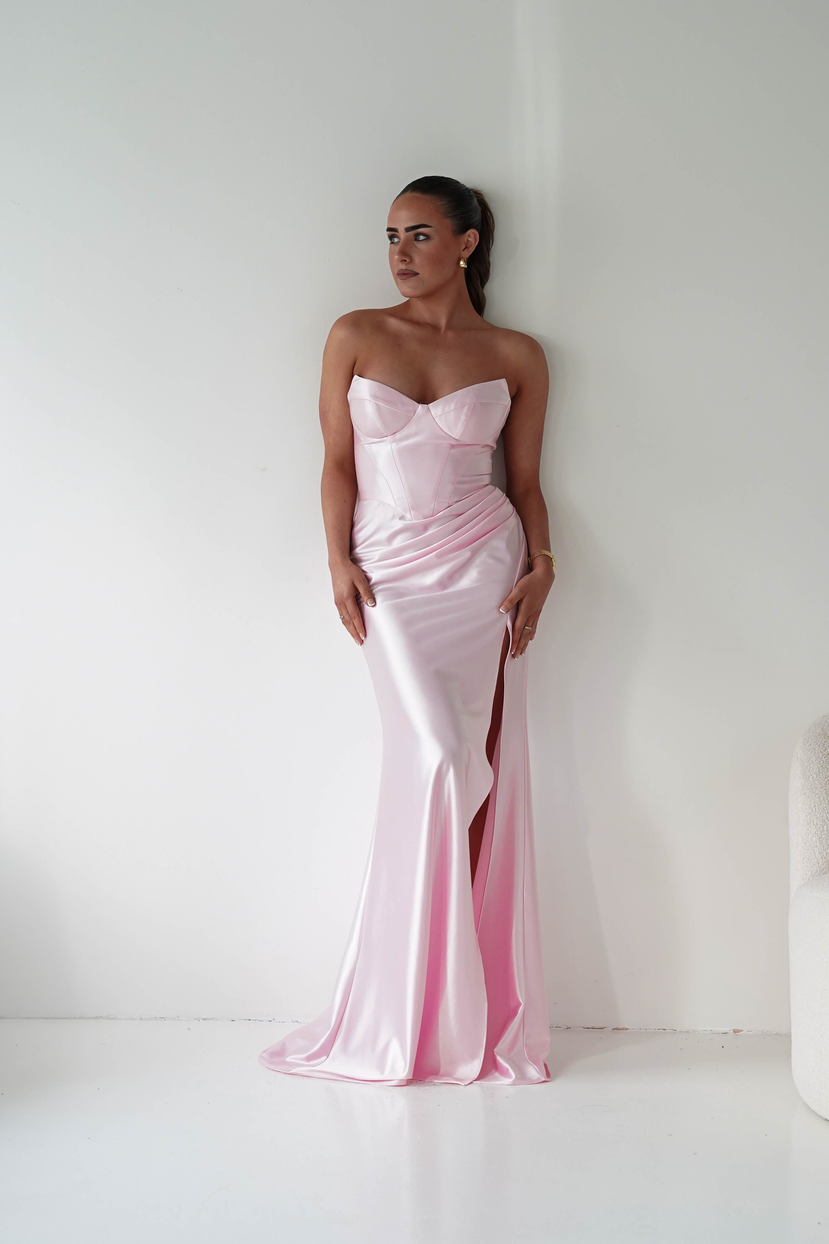 Oh Hello Clothing Women > Clothing > Dresses 1*DONE - Cinderalla-t723-Strapless Satin Maxi Dress with Side Slit in pink Copy)