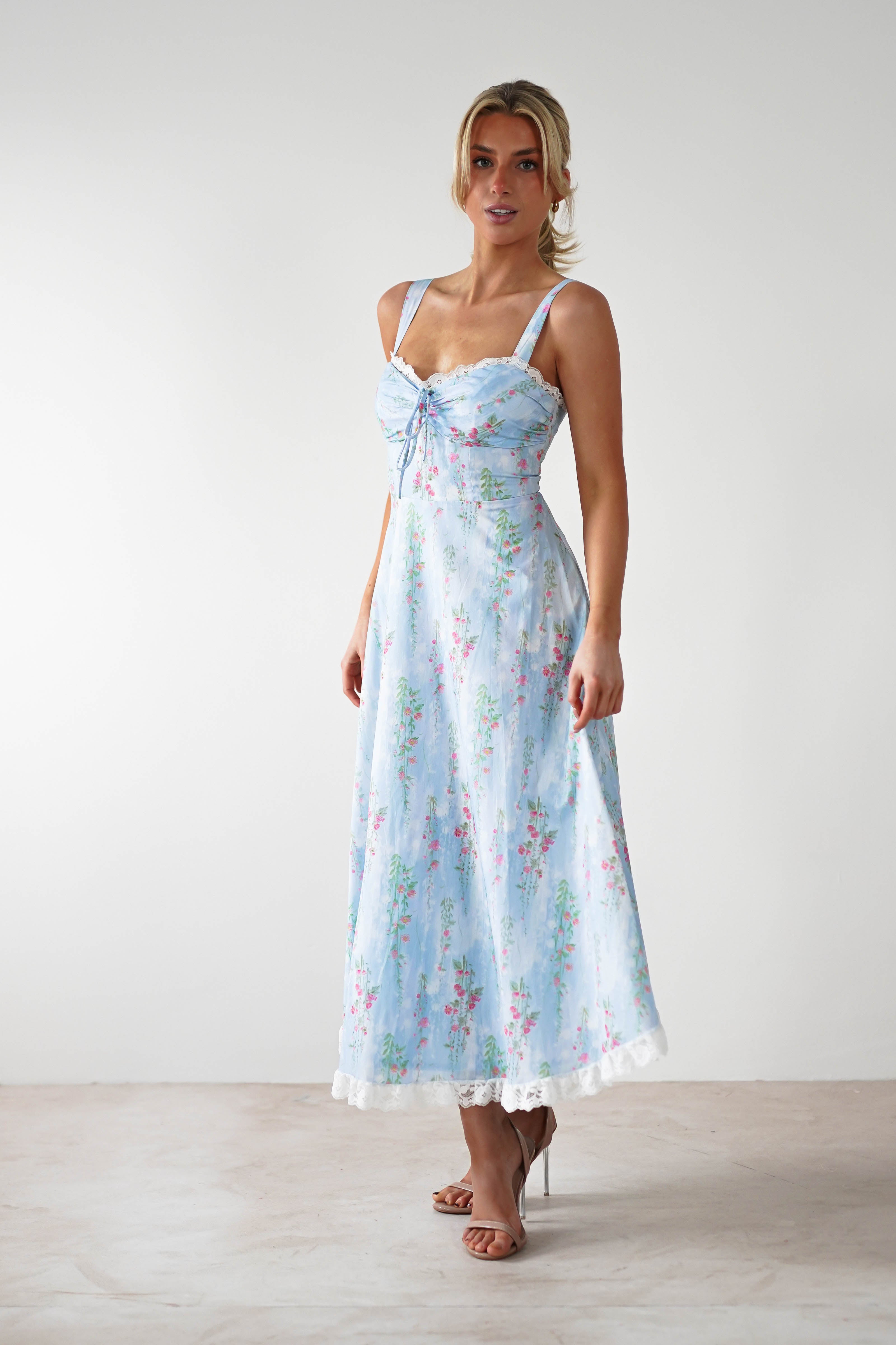 Lanie Skater Floral Cotton Midi Dress Blue | Wedding Guest Dress | Midi | Skater | Oh Hello Clothing