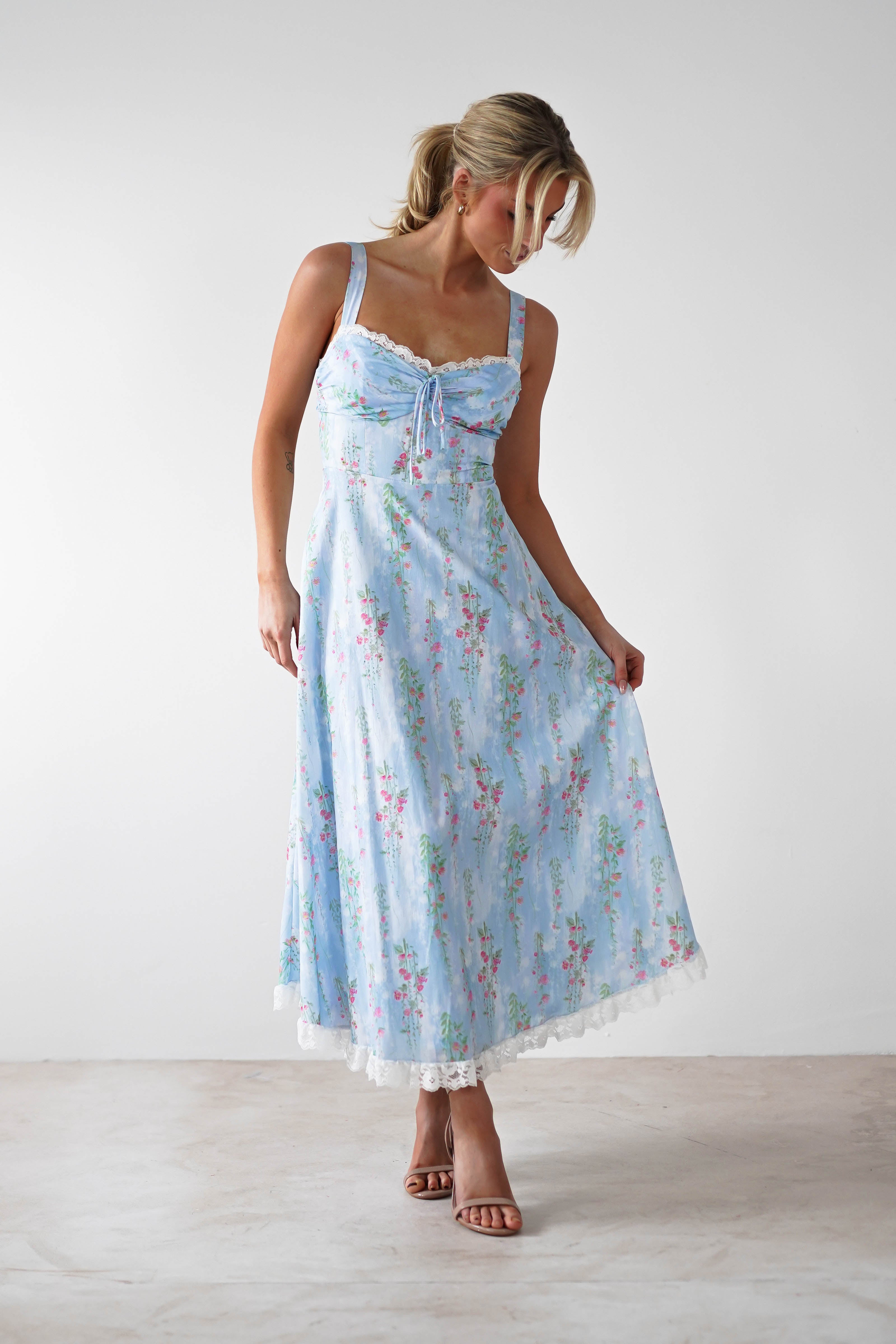 Lanie Skater Floral Cotton Midi Dress Blue | Wedding Guest Dress | Midi | Skater | Oh Hello Clothing