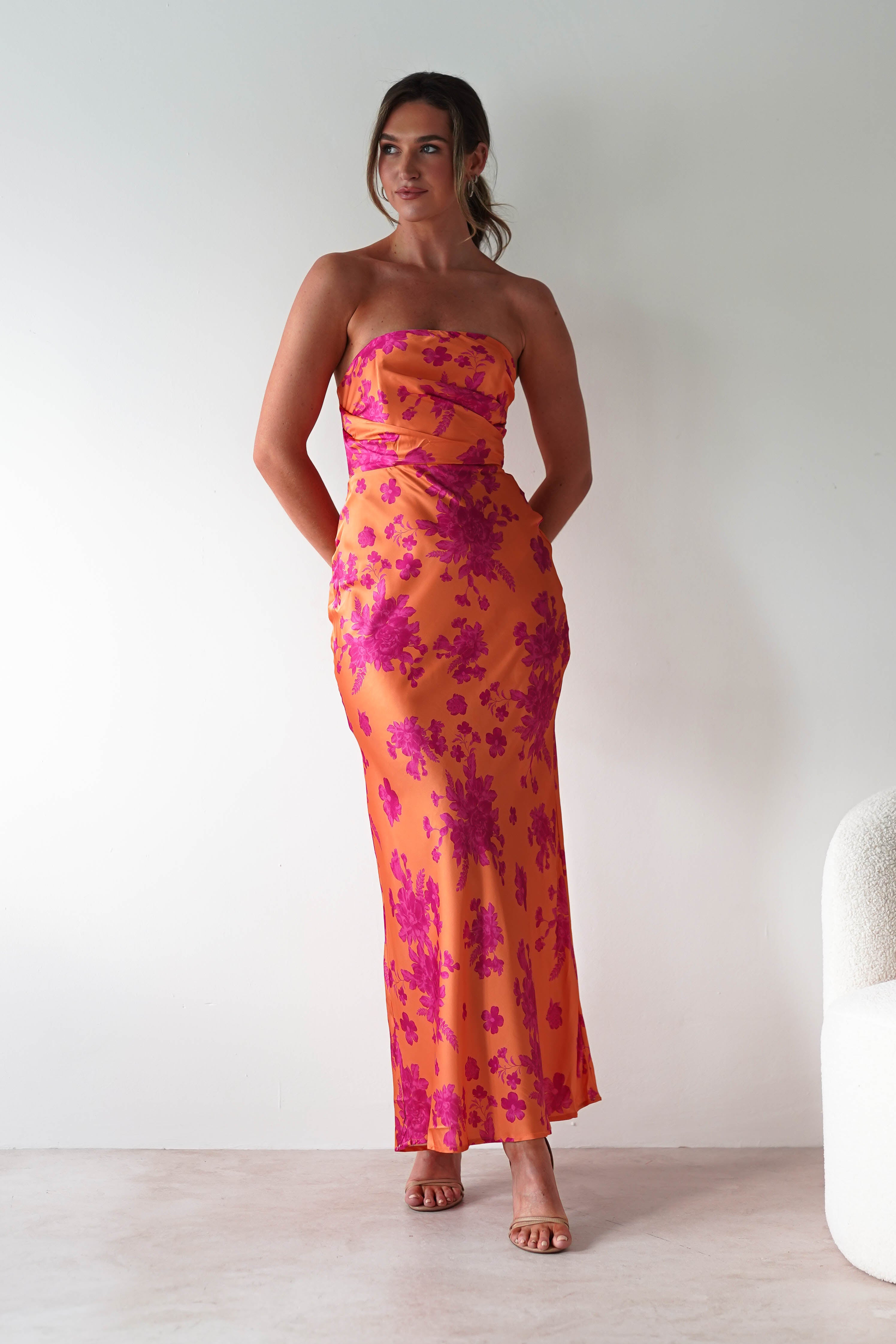 Anthonia Floral Satin Maxi Dress Orange/Pink | Wedding Guest Dress | Maxi | Satin | Oh Hello Clothing