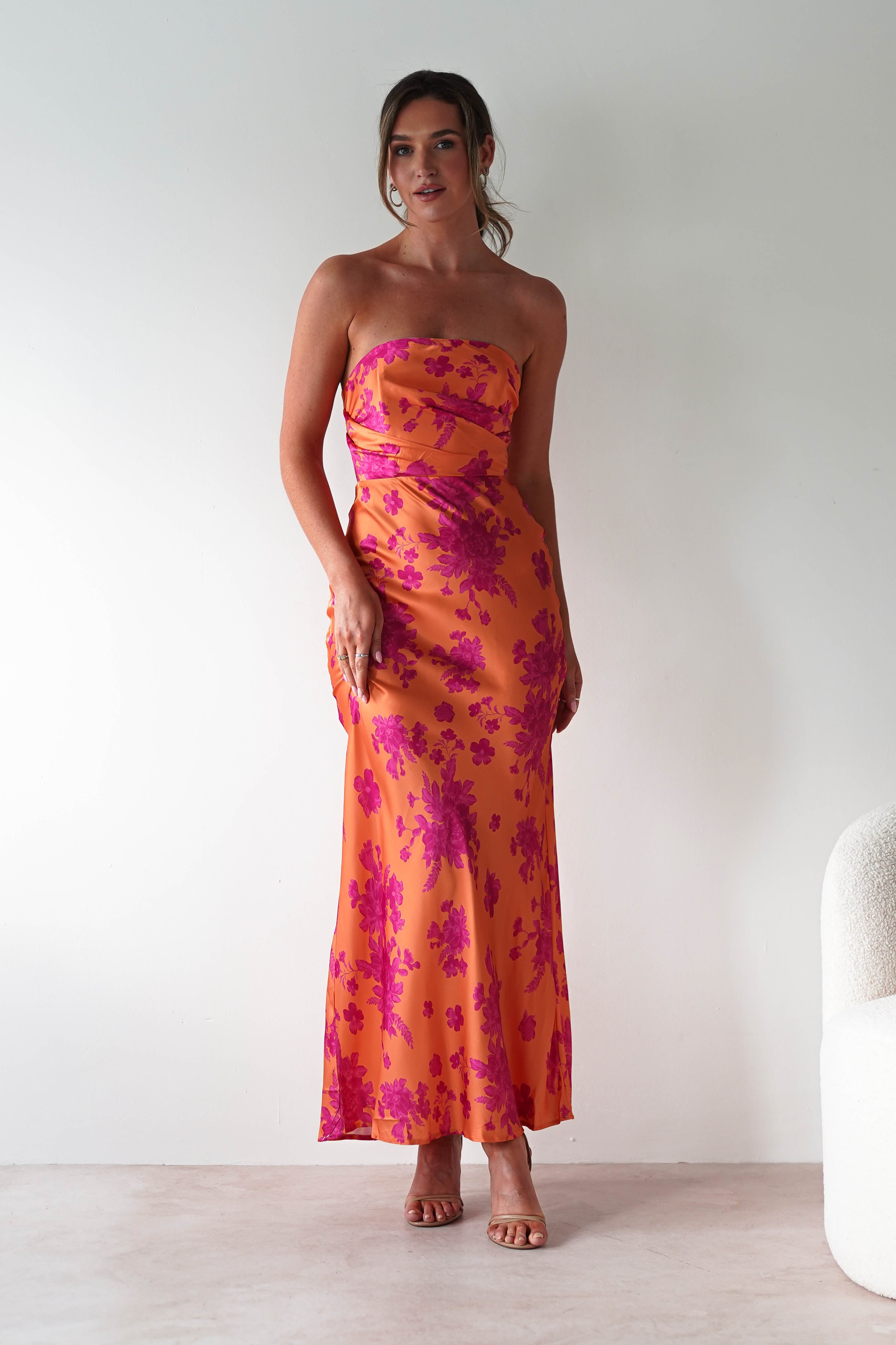 Anthonia Floral Satin Maxi Dress Orange/Pink | Wedding Guest Dress | Maxi | Satin | Oh Hello Clothing