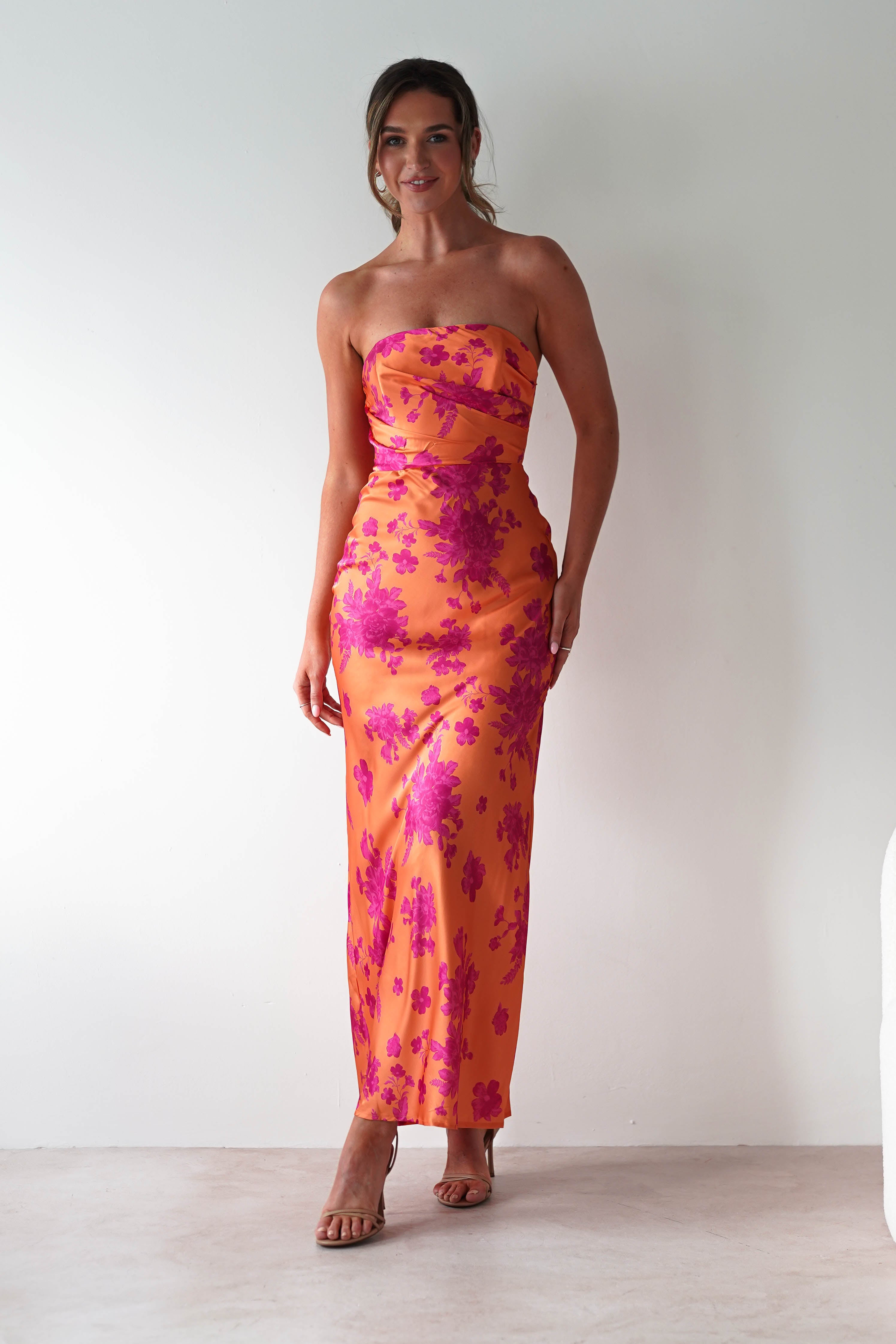 Anthonia Floral Satin Maxi Dress Orange/Pink | Wedding Guest Dress | Maxi | Satin | Oh Hello Clothing