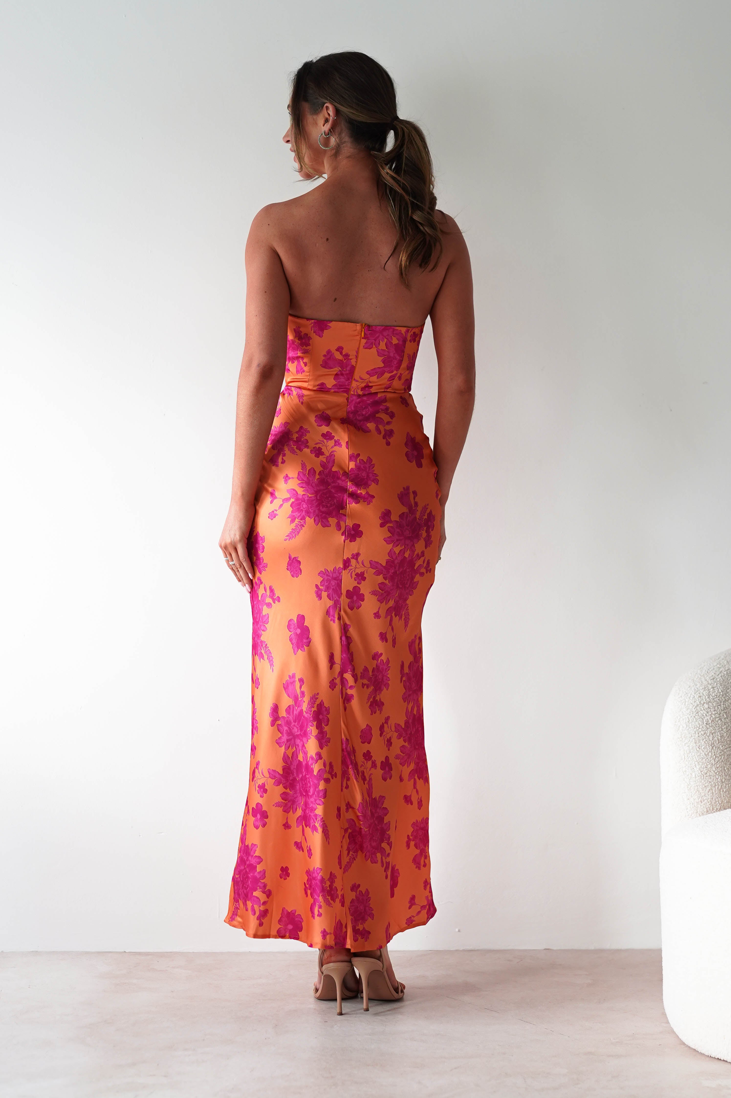 Anthonia Floral Satin Maxi Dress Orange/Pink | Wedding Guest Dress | Maxi | Satin | Oh Hello Clothing