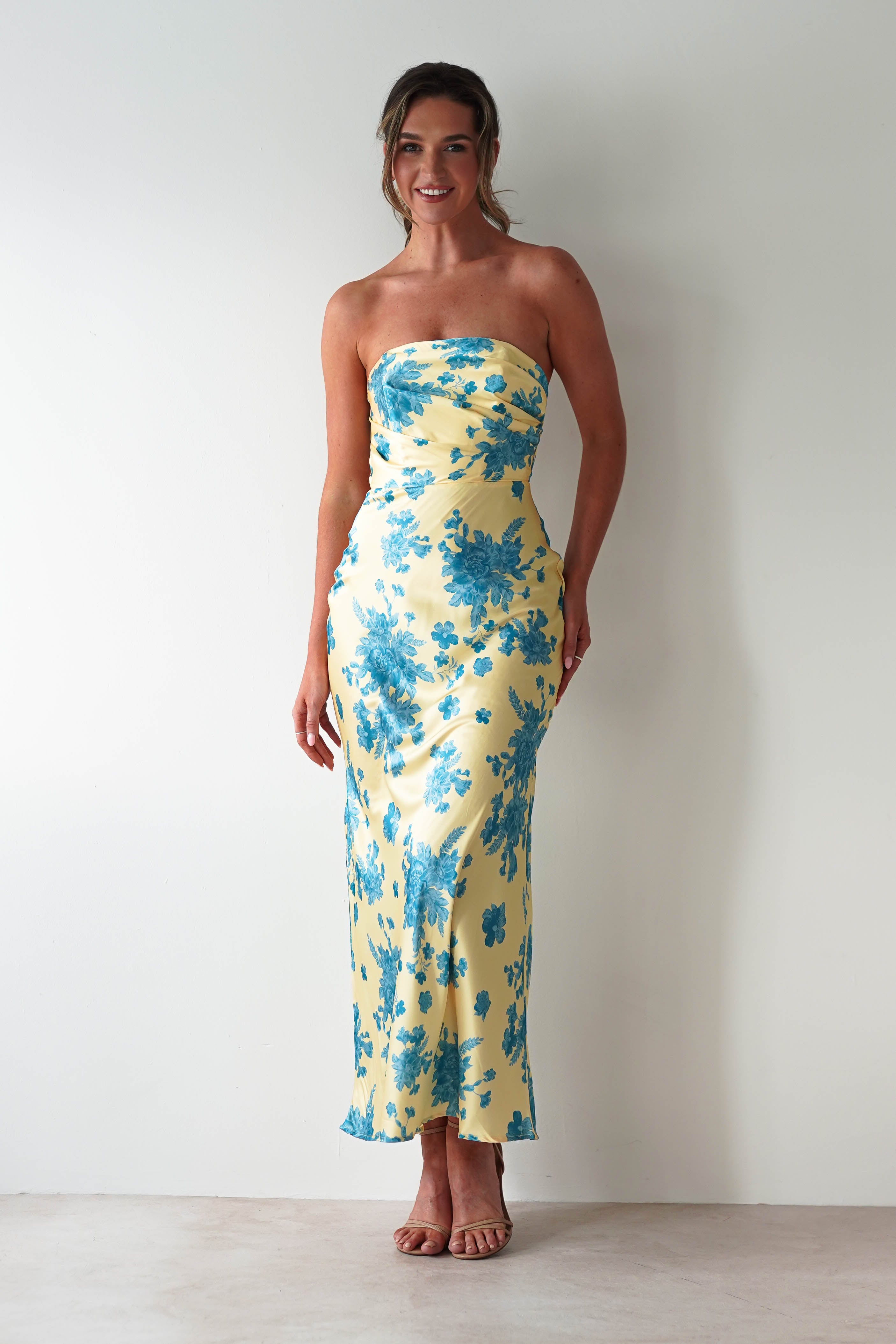 Anthonia Floral Satin Maxi Dress Yellow/Blue | Wedding Guest Dress | Maxi | Satin | Oh Hello Clothing