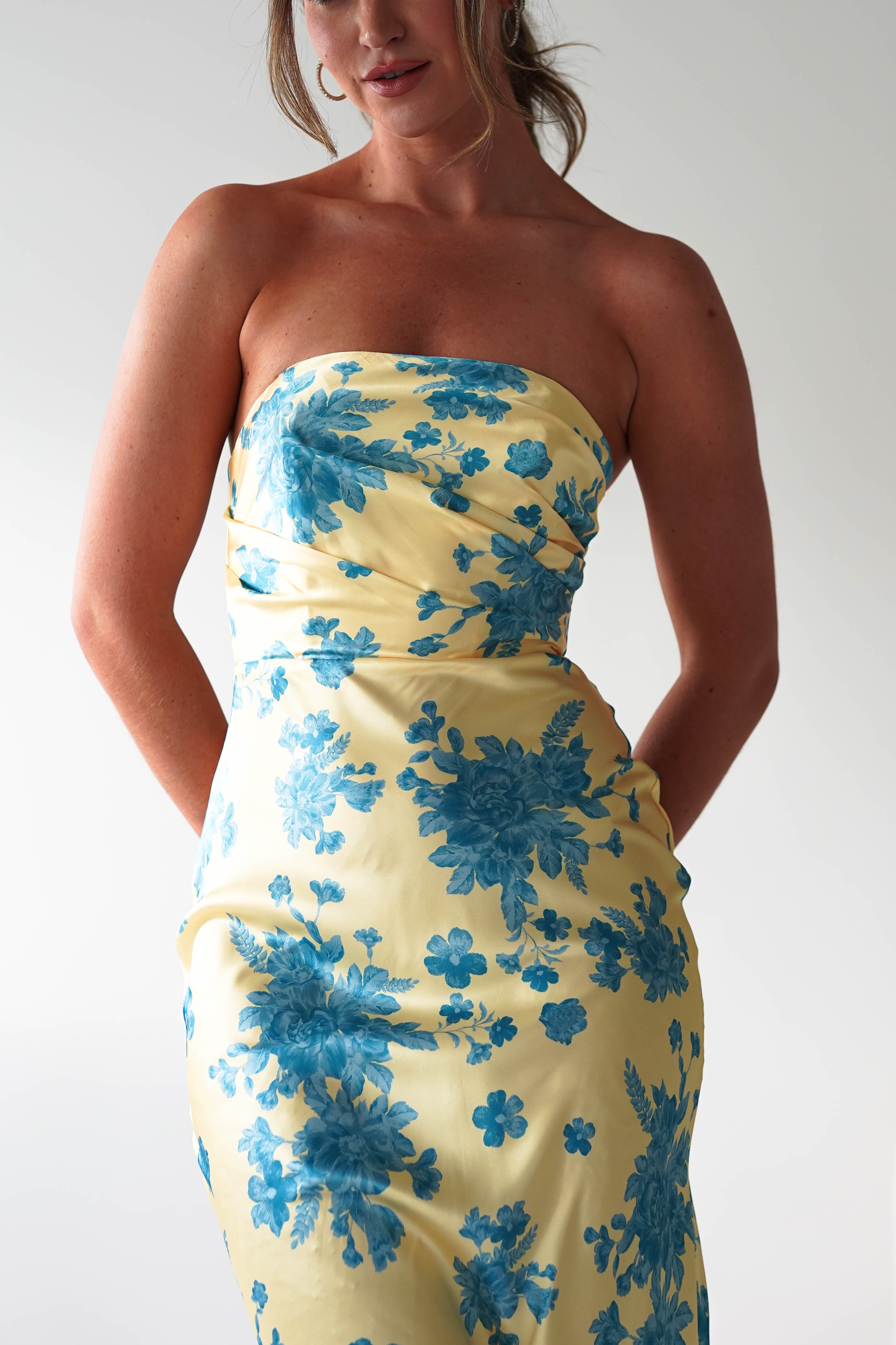Anthonia Floral Satin Maxi Dress Yellow/Blue | Wedding Guest Dress | Maxi | Satin | Oh Hello Clothing