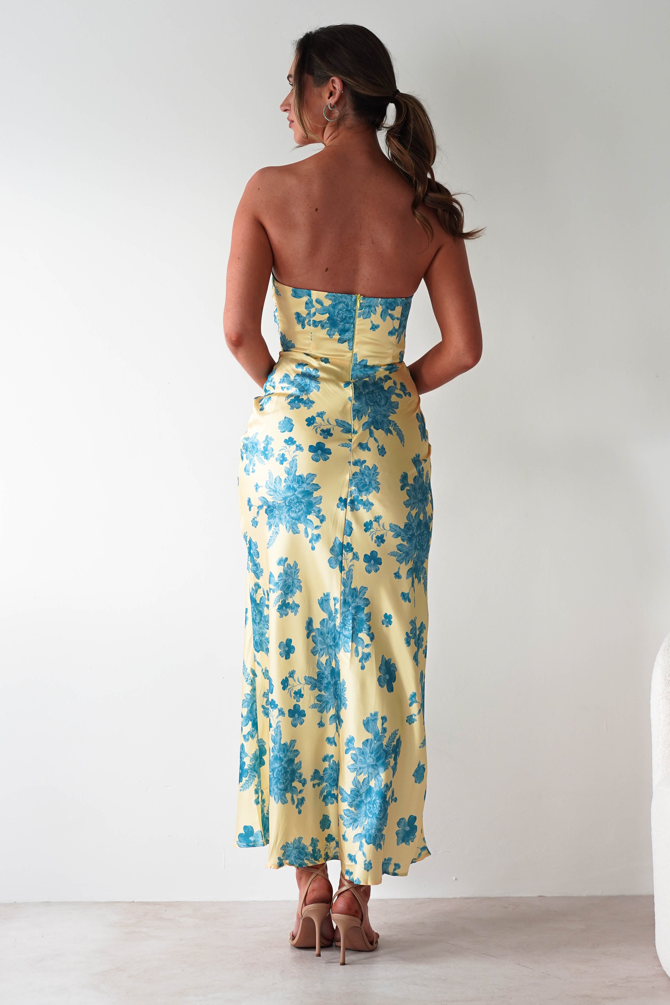 Anthonia Floral Satin Maxi Dress Yellow/Blue | Wedding Guest Dress | Maxi | Satin | Oh Hello Clothing