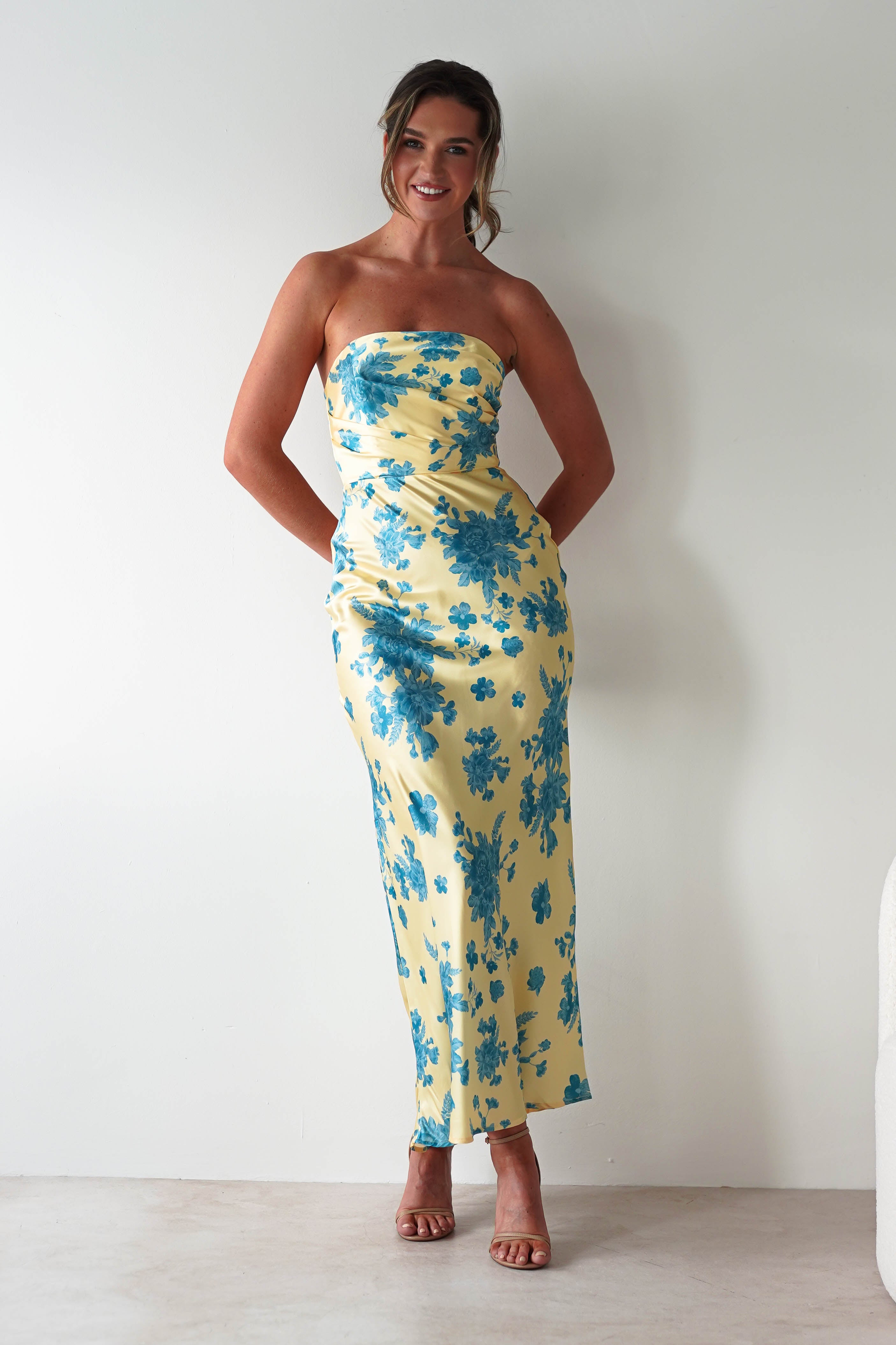 Anthonia Floral Satin Maxi Dress Yellow/Blue | Wedding Guest Dress | Maxi | Satin | Oh Hello Clothing