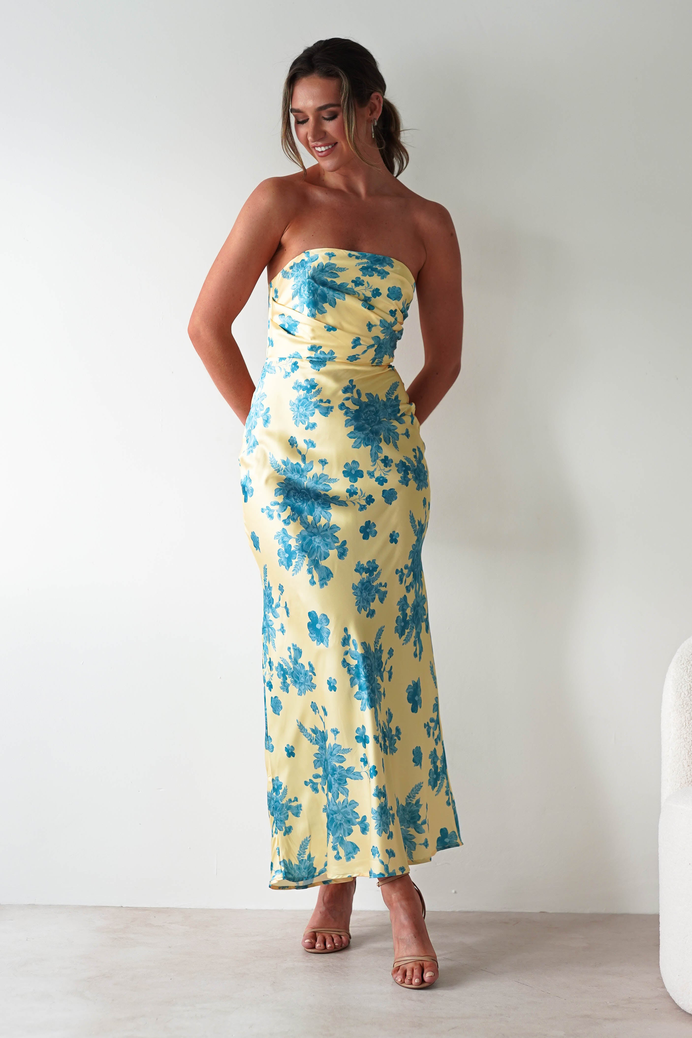 Anthonia Floral Satin Maxi Dress Yellow/Blue | Wedding Guest Dress | Maxi | Satin | Oh Hello Clothing