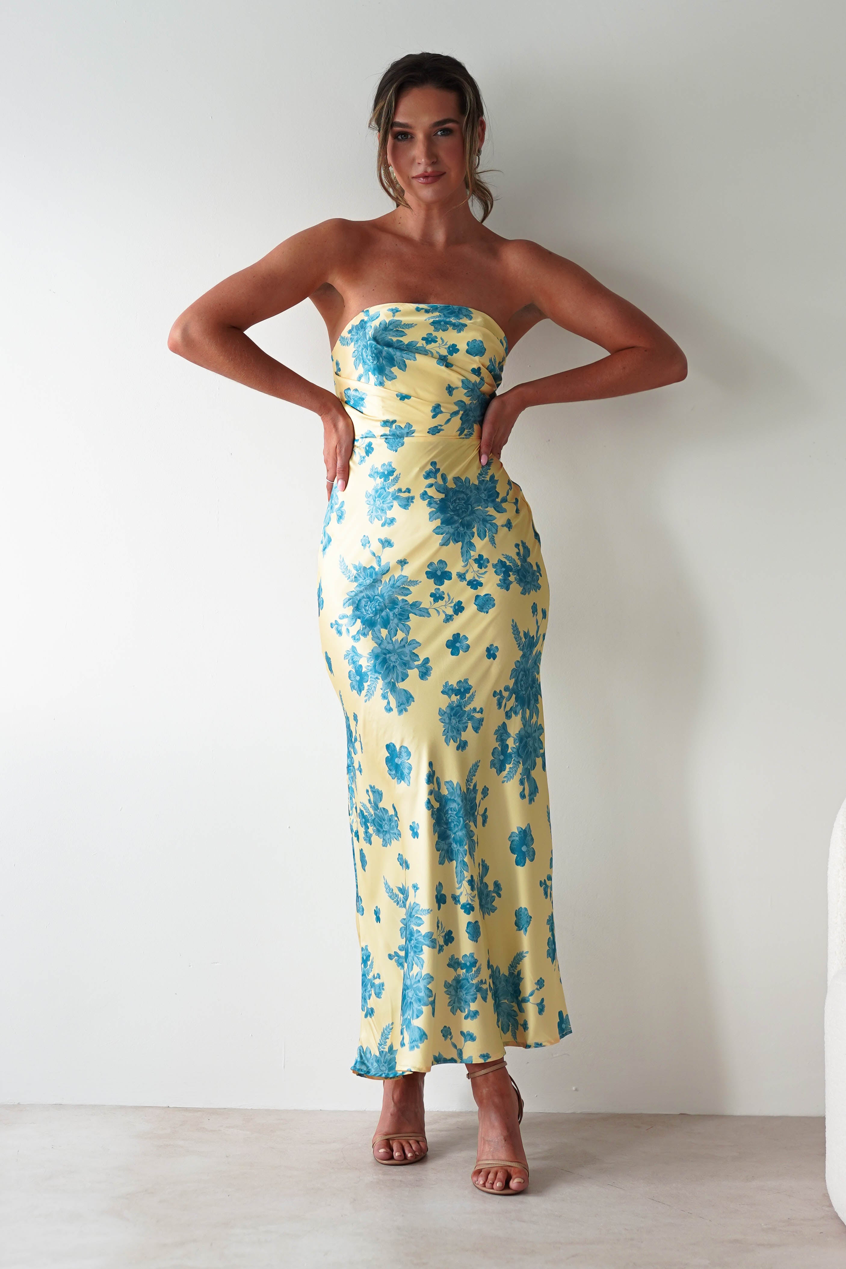 Anthonia Floral Satin Maxi Dress Yellow/Blue | Wedding Guest Dress | Maxi | Satin | Oh Hello Clothing