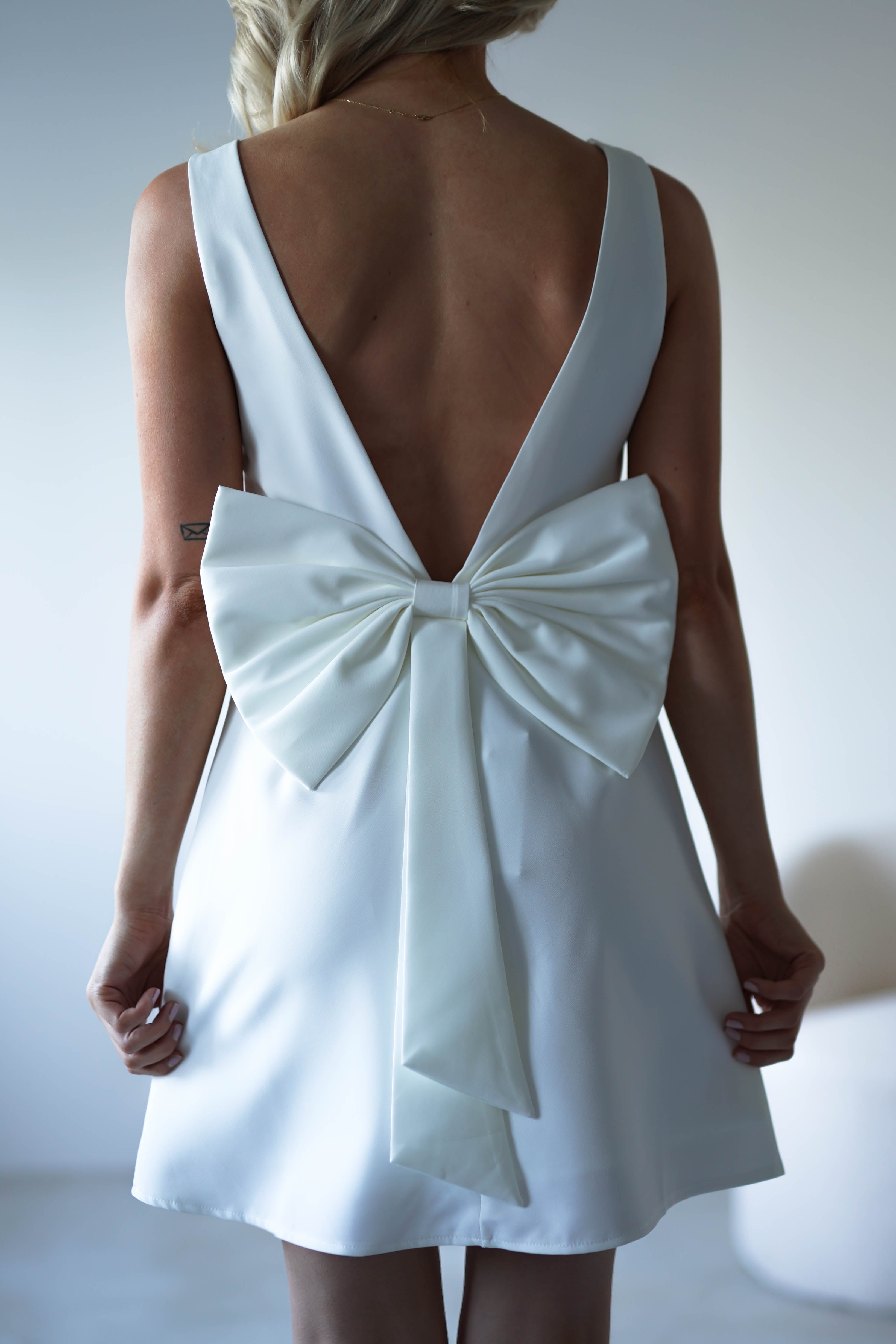 Emmie Bow Back Mini Dress | White | Graduation | Bride To Be Hen Dress | Oh Hello Clothing