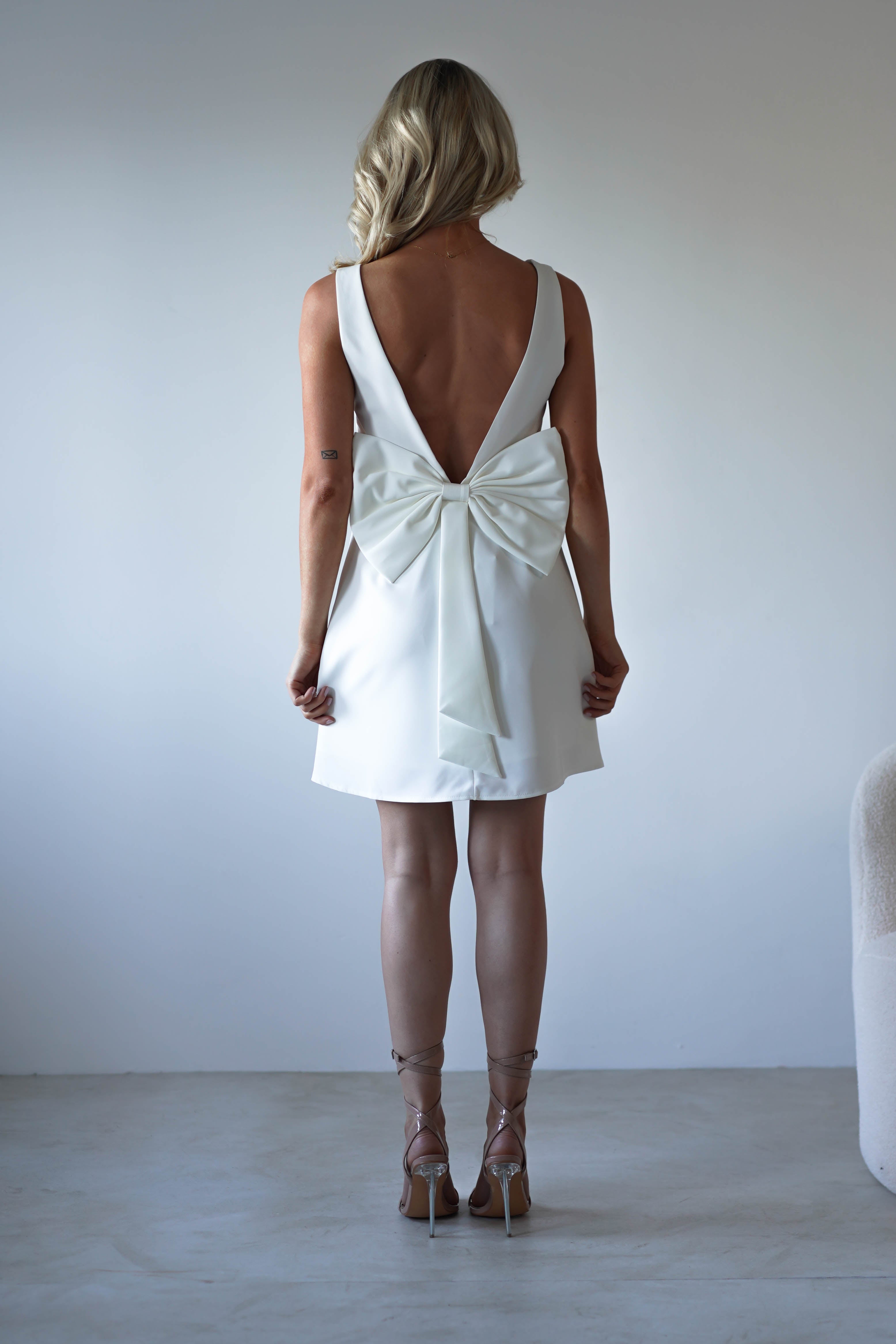 Emmie Bow Back Mini Dress | White | Graduation | Bride To Be Hen Dress | Oh Hello Clothing