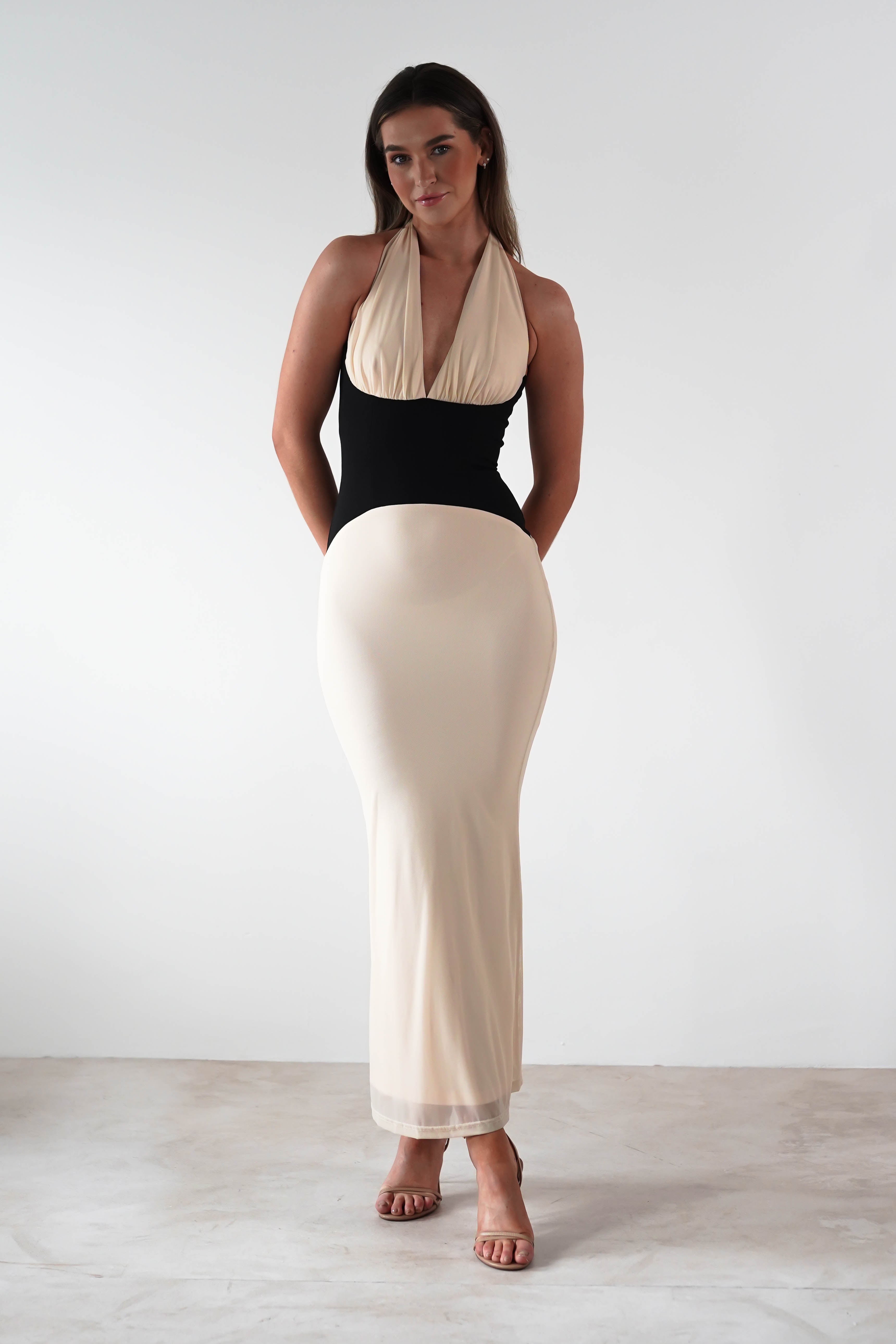 Addae Bodycon Mesh Maxi Dress Beige/Black | Wedding Guest Dress | Bodycon | Maxi | Oh Hello Clothing