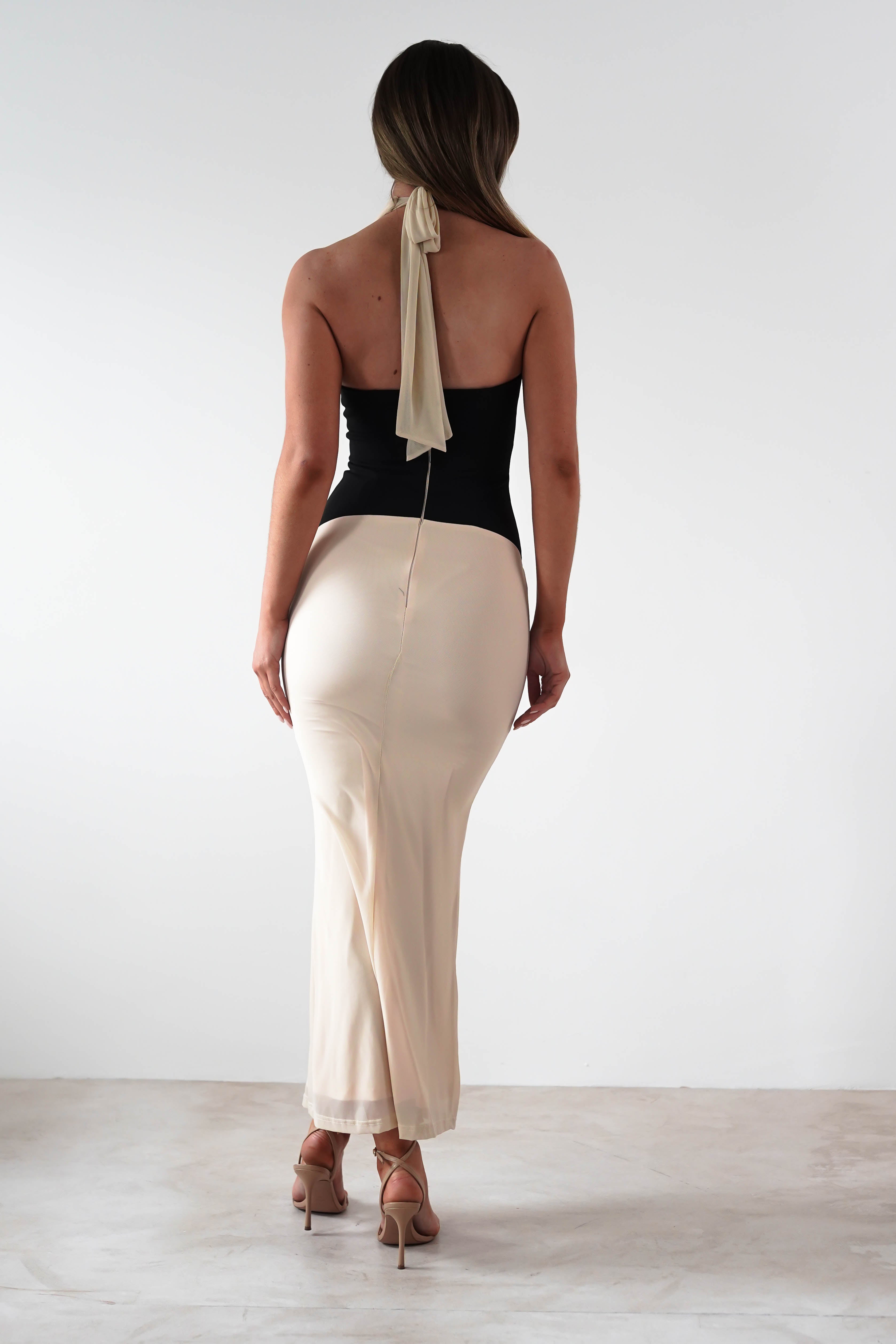 Addae Bodycon Mesh Maxi Dress Beige/Black | Wedding Guest Dress | Bodycon | Maxi | Oh Hello Clothing