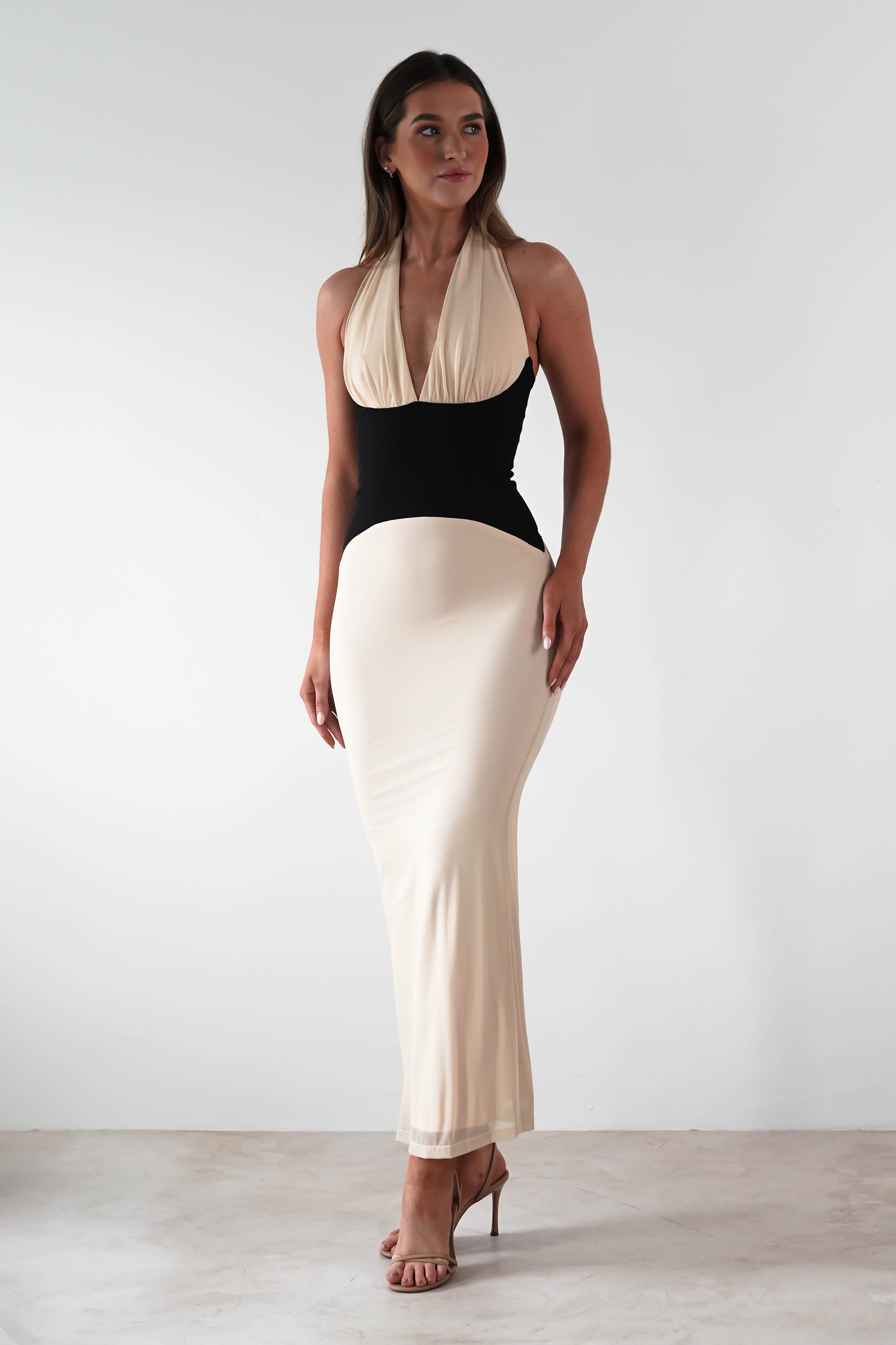 Addae Bodycon Mesh Maxi Dress Beige/Black | Wedding Guest Dress | Bodycon | Maxi | Oh Hello Clothing