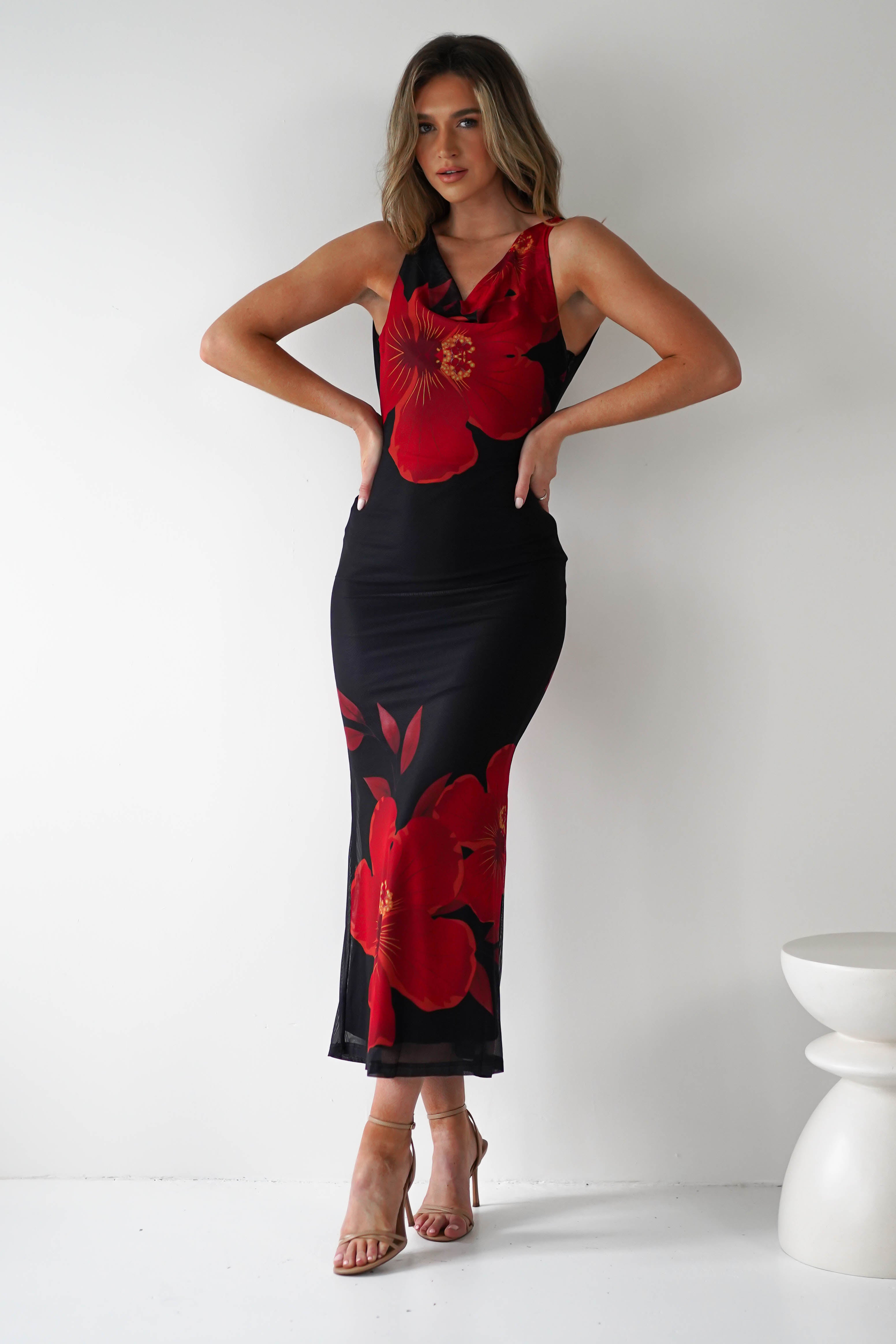 Meadow Mesh Maxi Dress Black/Red | Wedding Guest Dress | Maxi | Mesh | Oh Hello Clothing