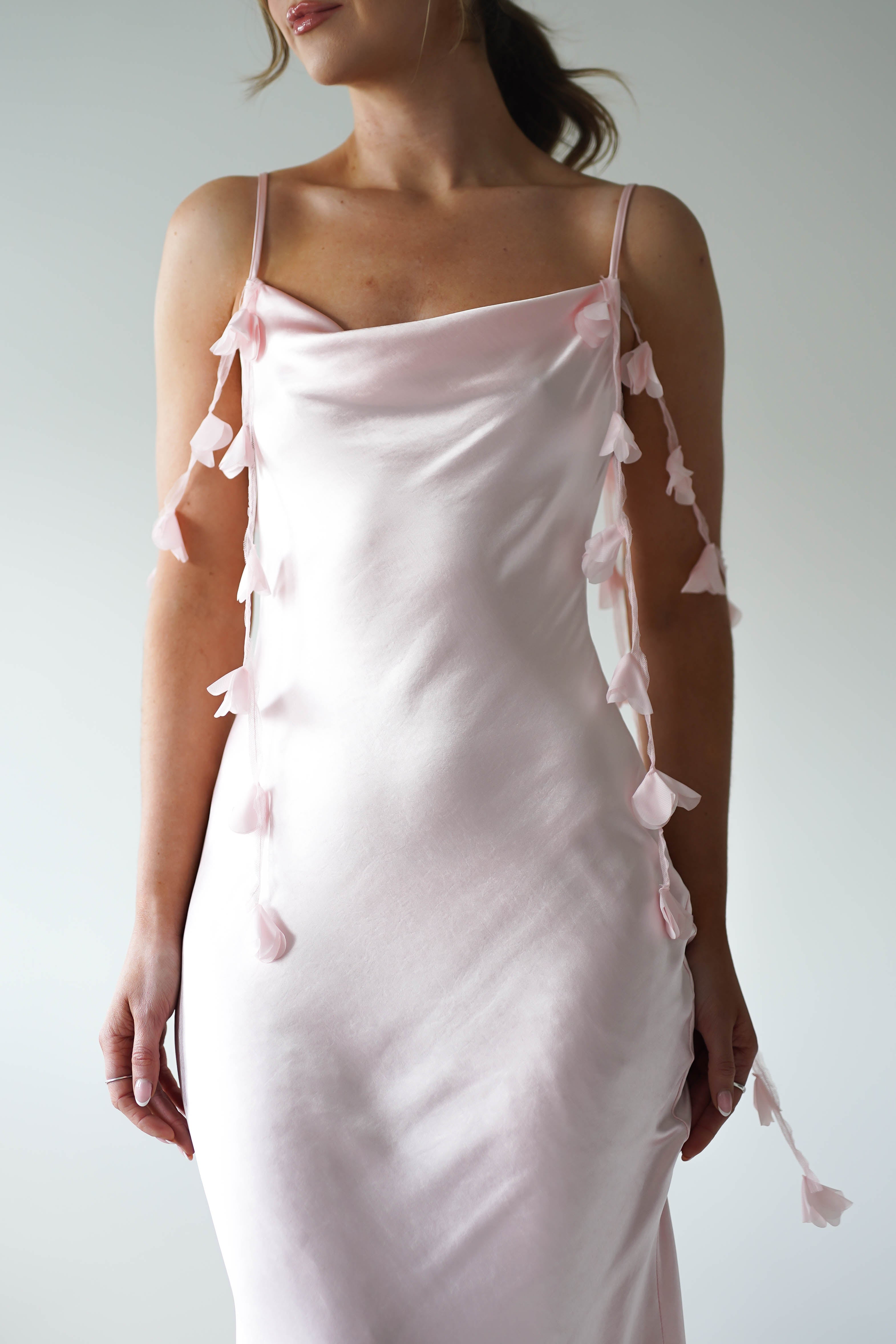 Daisy Cowl Neckline Satin Maxi Dress Light Pink | Wedding Guest Dress | Cowl Neck | Maxi | Oh Hello Clothing