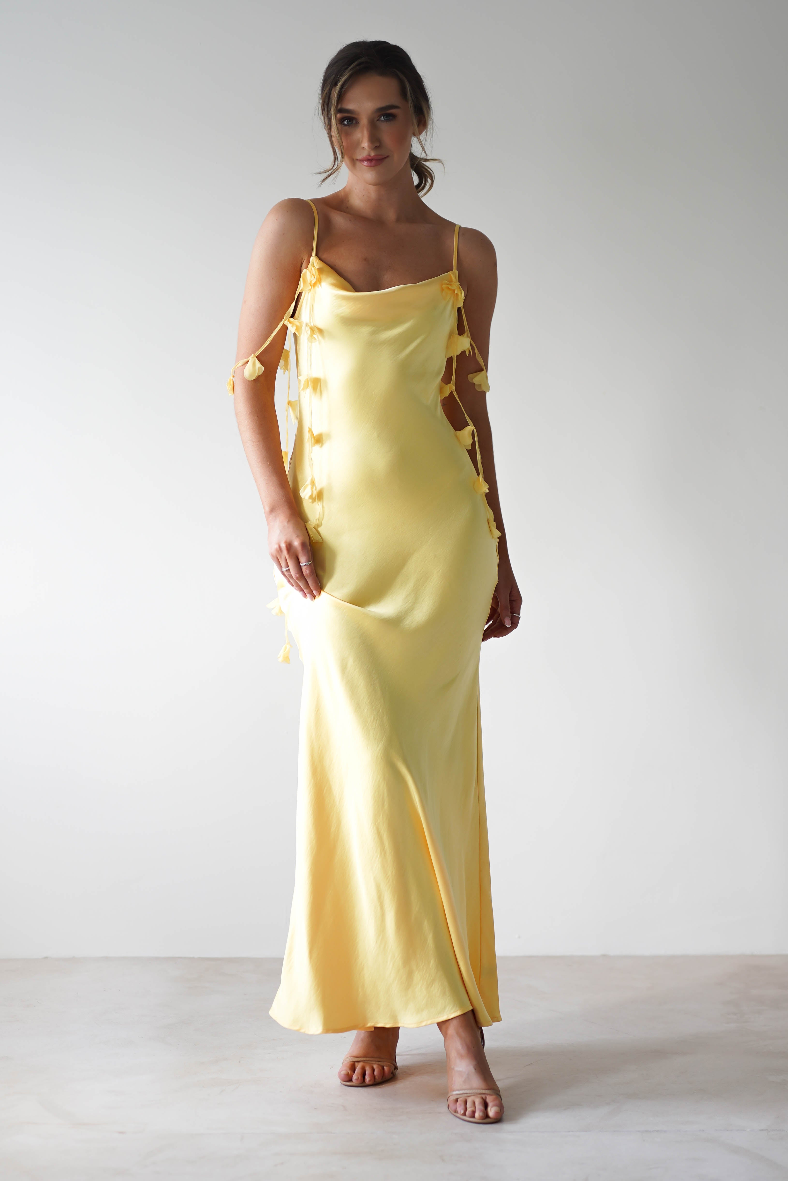 Daisy Cowl Neckline Satin Maxi Dress Yellow | Wedding Guest Dress | Cowl Neck | Maxi | Oh Hello Clothing