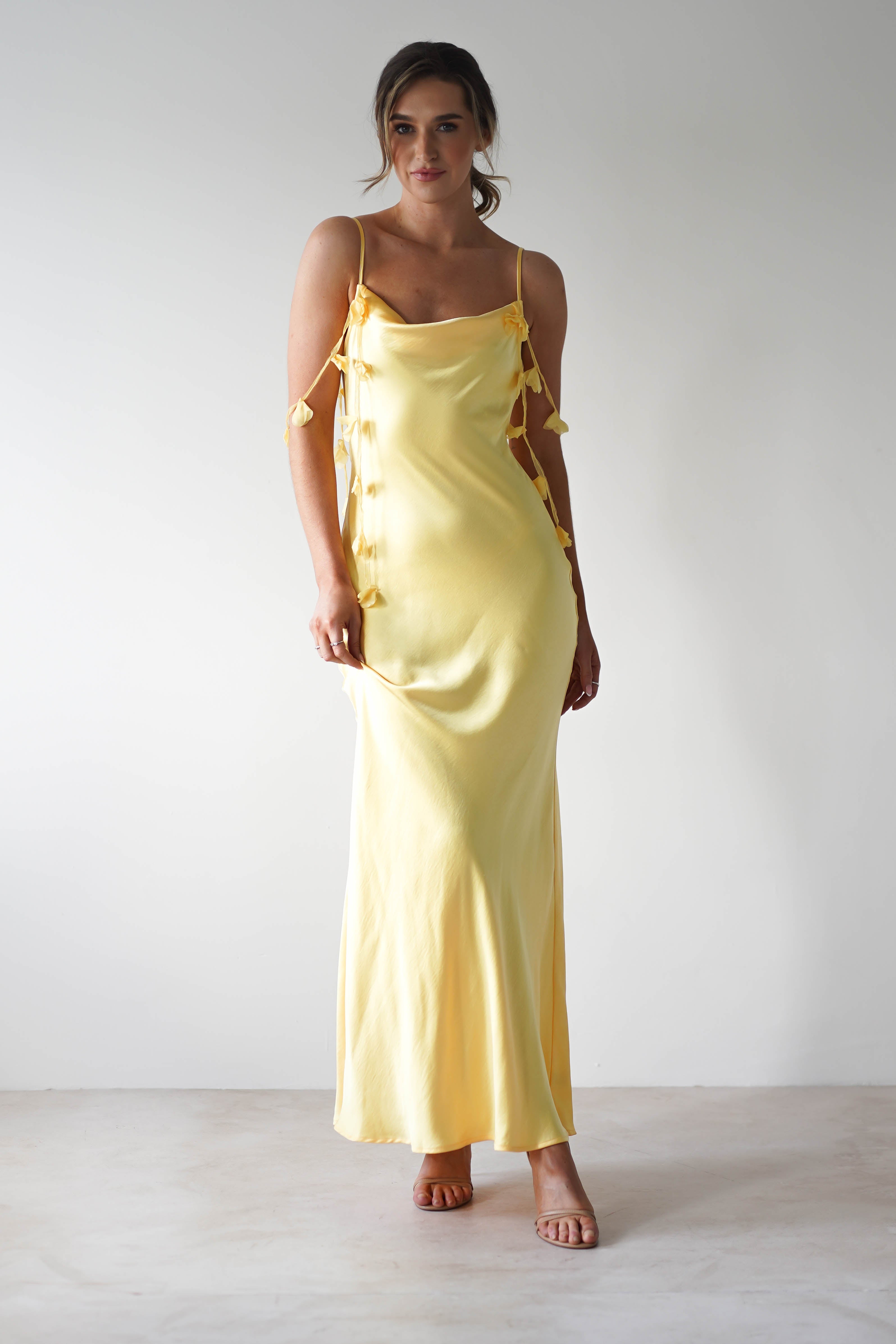Daisy Cowl Neckline Satin Maxi Dress Yellow | Wedding Guest Dress | Cowl Neck | Maxi | Oh Hello Clothing