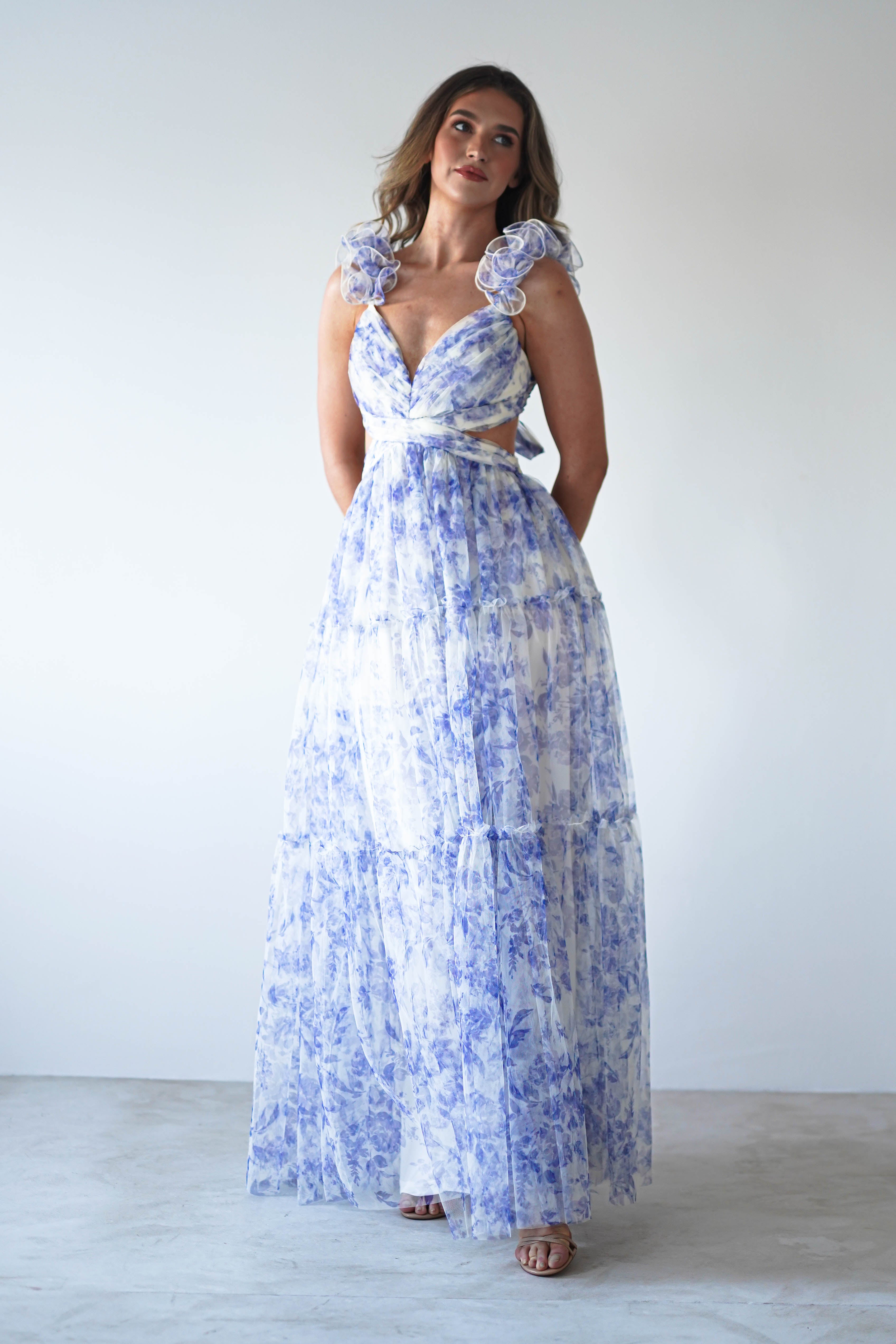 Lauren Floral Tulle Maxi Dress Blue/White | Wedding Guest Dress | Maxi | Oh Hello Clothing