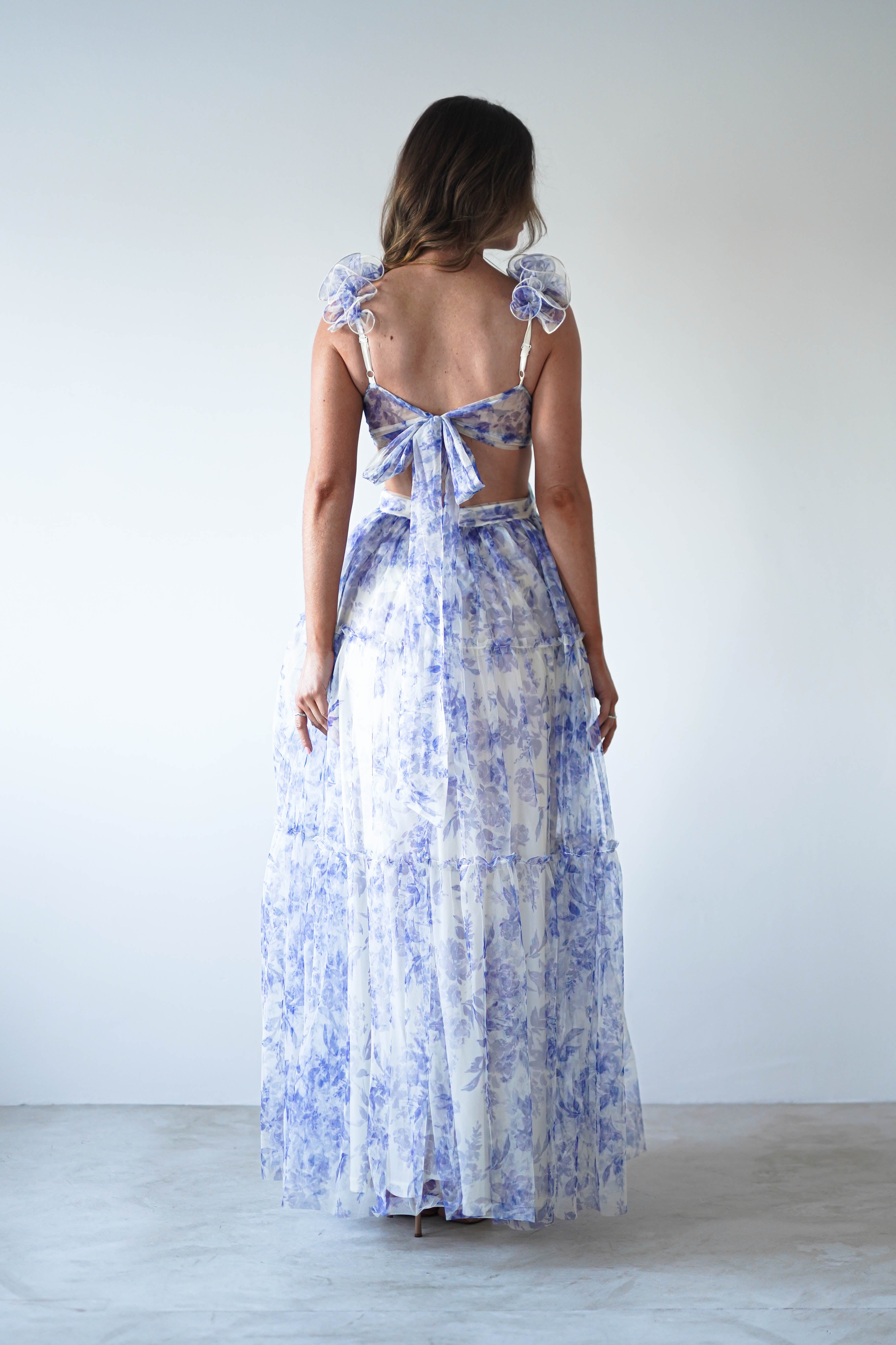 Lauren Floral Tulle Maxi Dress Blue/White | Wedding Guest Dress | Maxi | Oh Hello Clothing