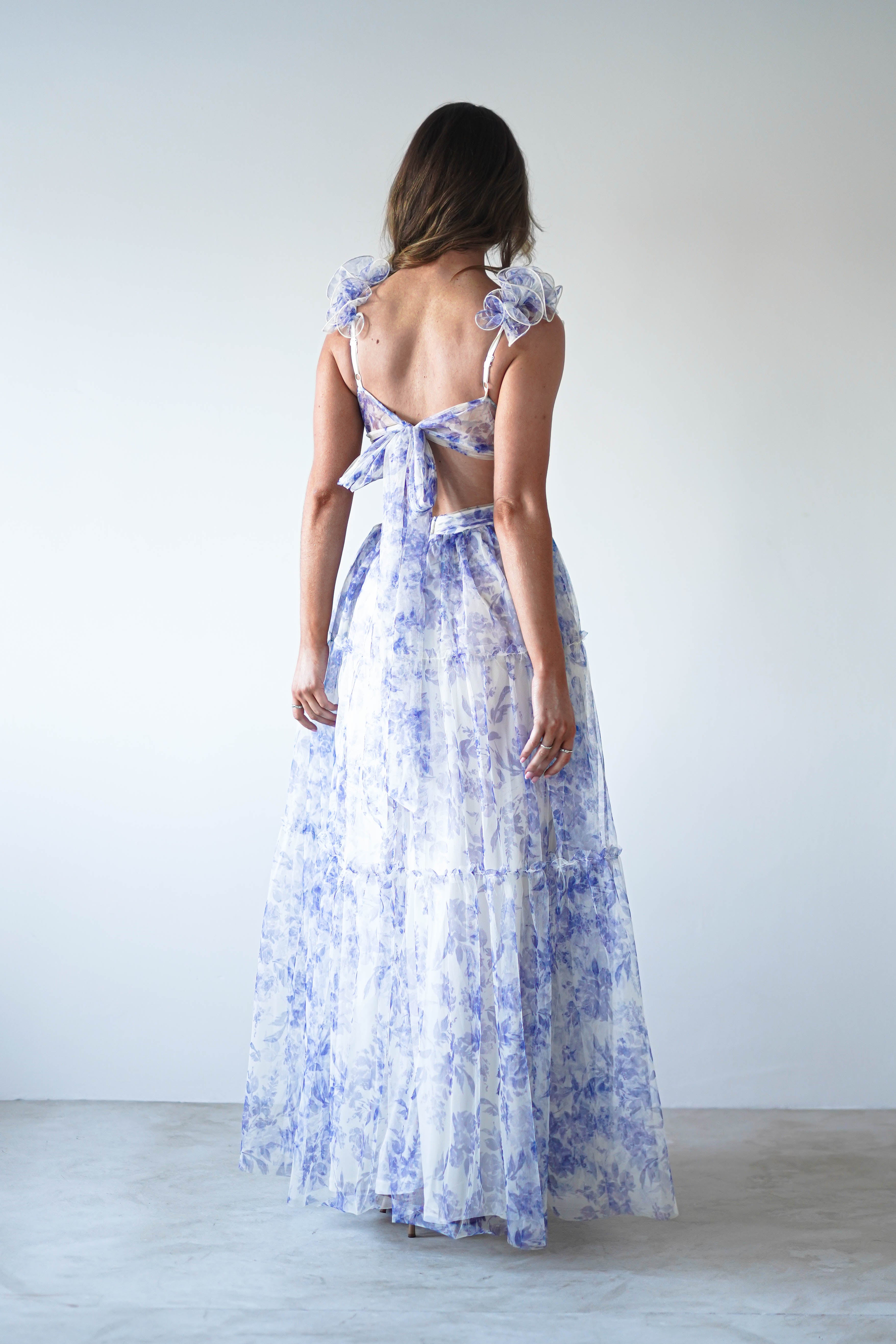 Lauren Floral Tulle Maxi Dress Blue/White | Wedding Guest Dress | Maxi | Oh Hello Clothing