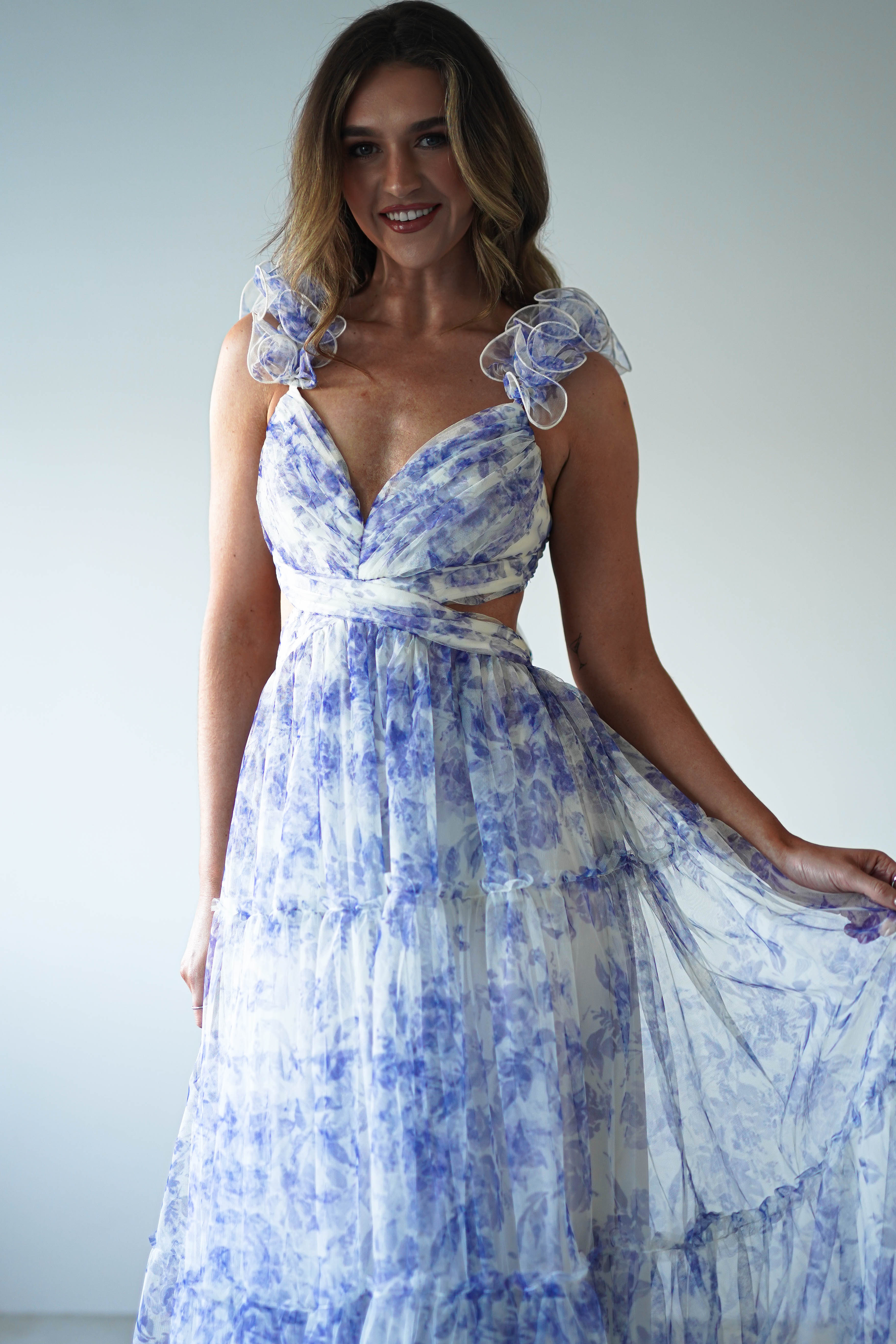 Lauren Floral Tulle Maxi Dress Blue/White | Wedding Guest Dress | Maxi | Oh Hello Clothing