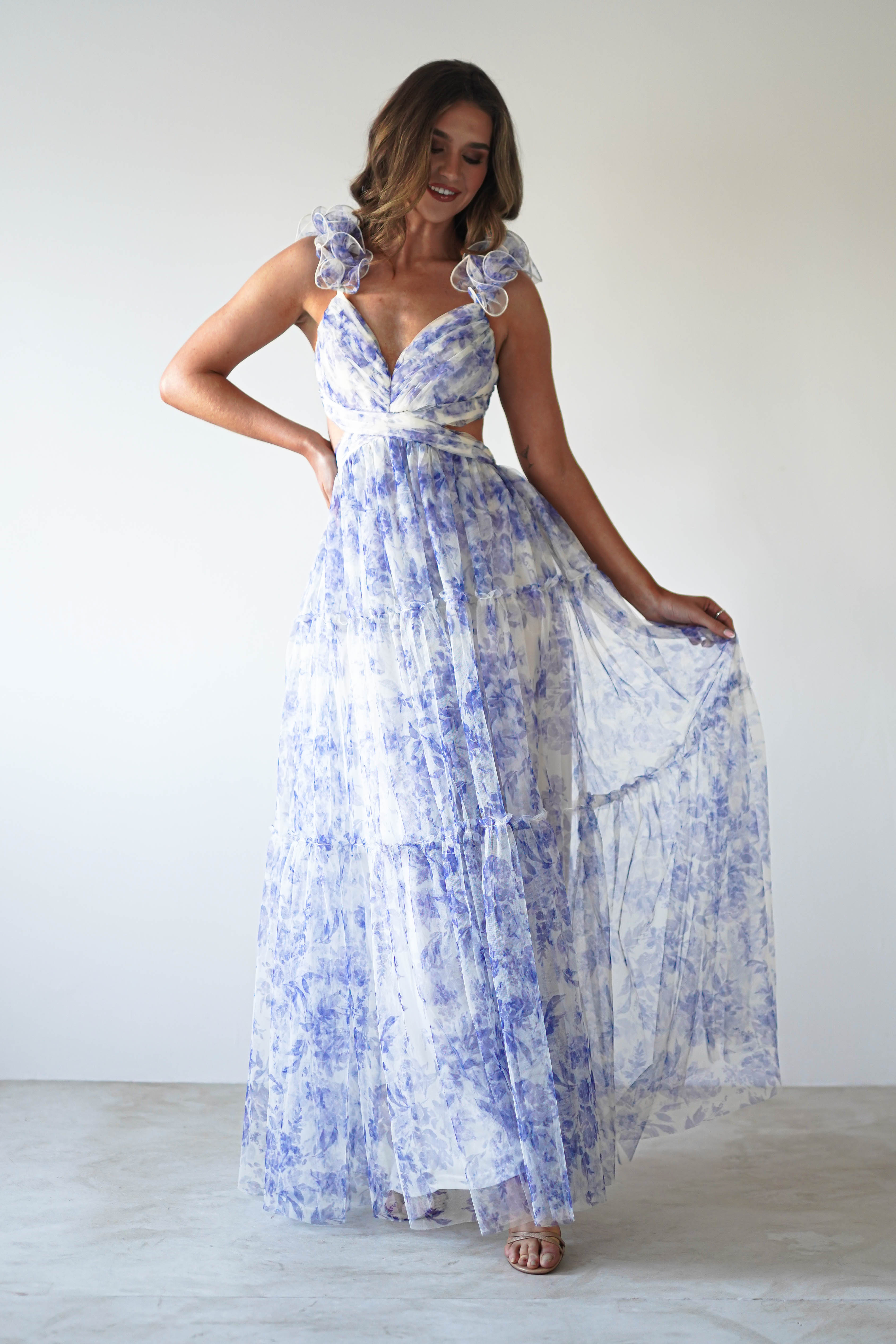 Lauren Floral Tulle Maxi Dress Blue/White | Wedding Guest Dress | Maxi | Oh Hello Clothing
