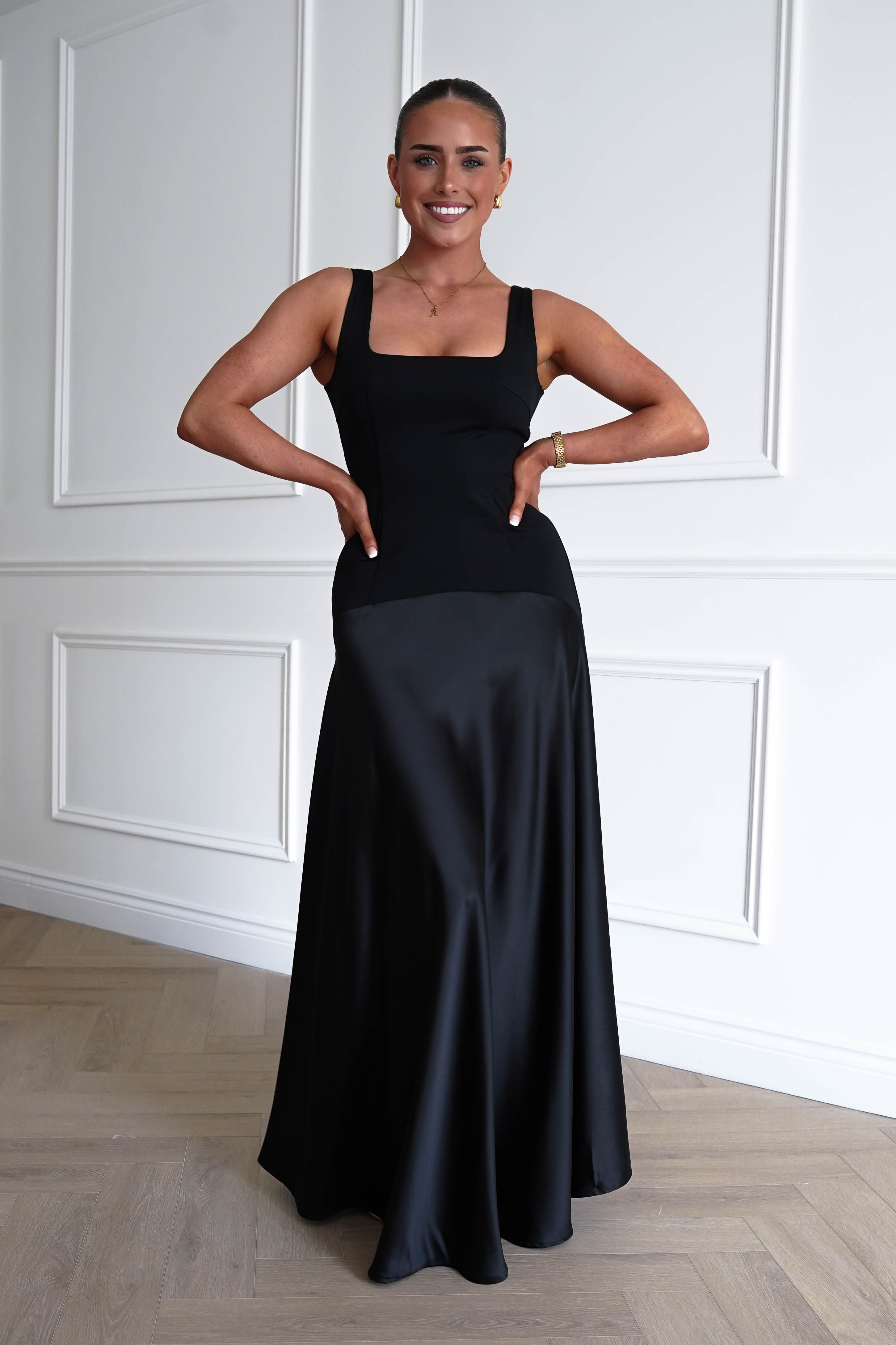 Oh Hello Clothing Dresses > Prom Dresses 1* DONE - Elena Square Neck Soft Satin Maxi Dress | Black