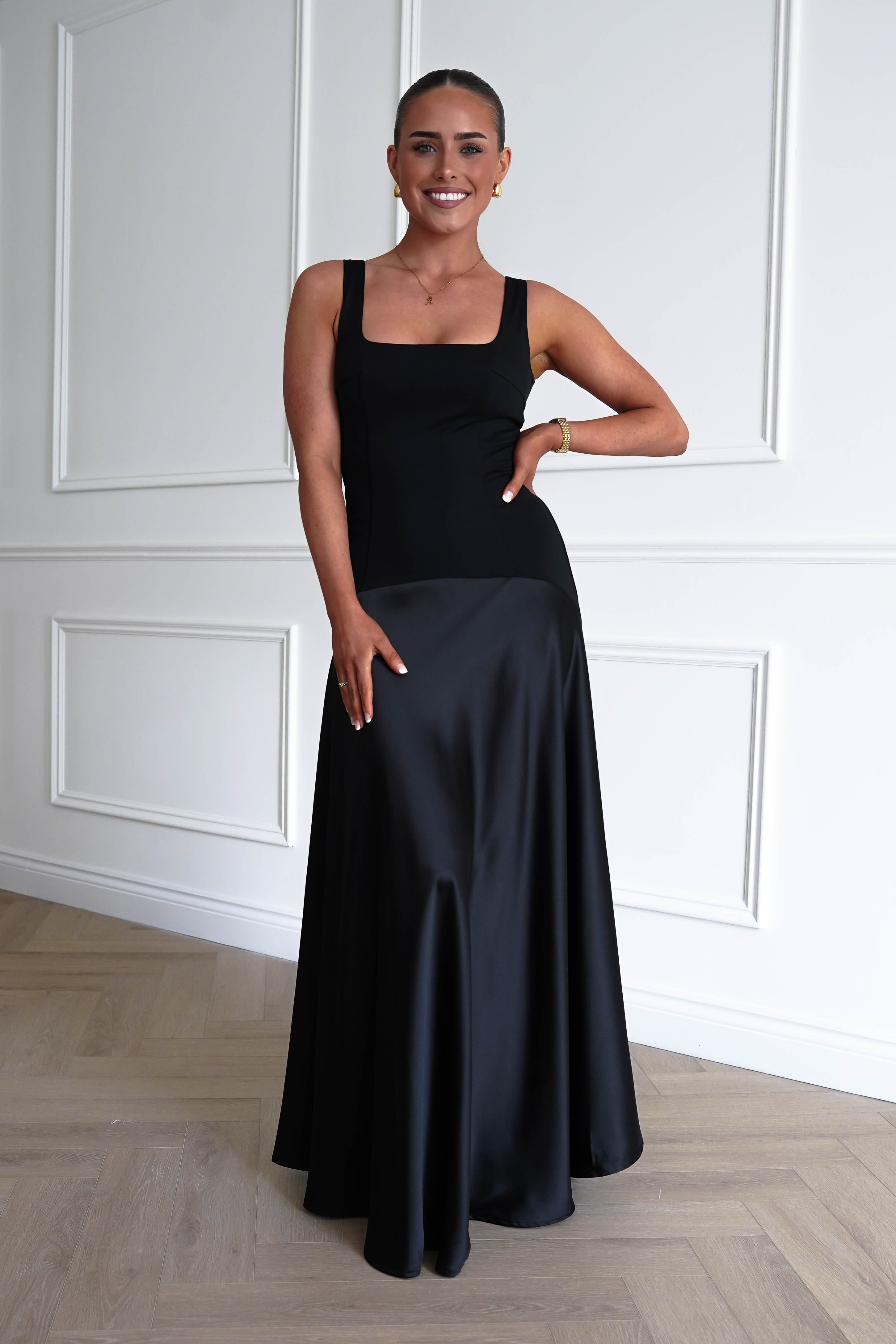 Oh Hello Clothing Dresses > Prom Dresses 1* DONE - Elena Square Neck Soft Satin Maxi Dress | Black
