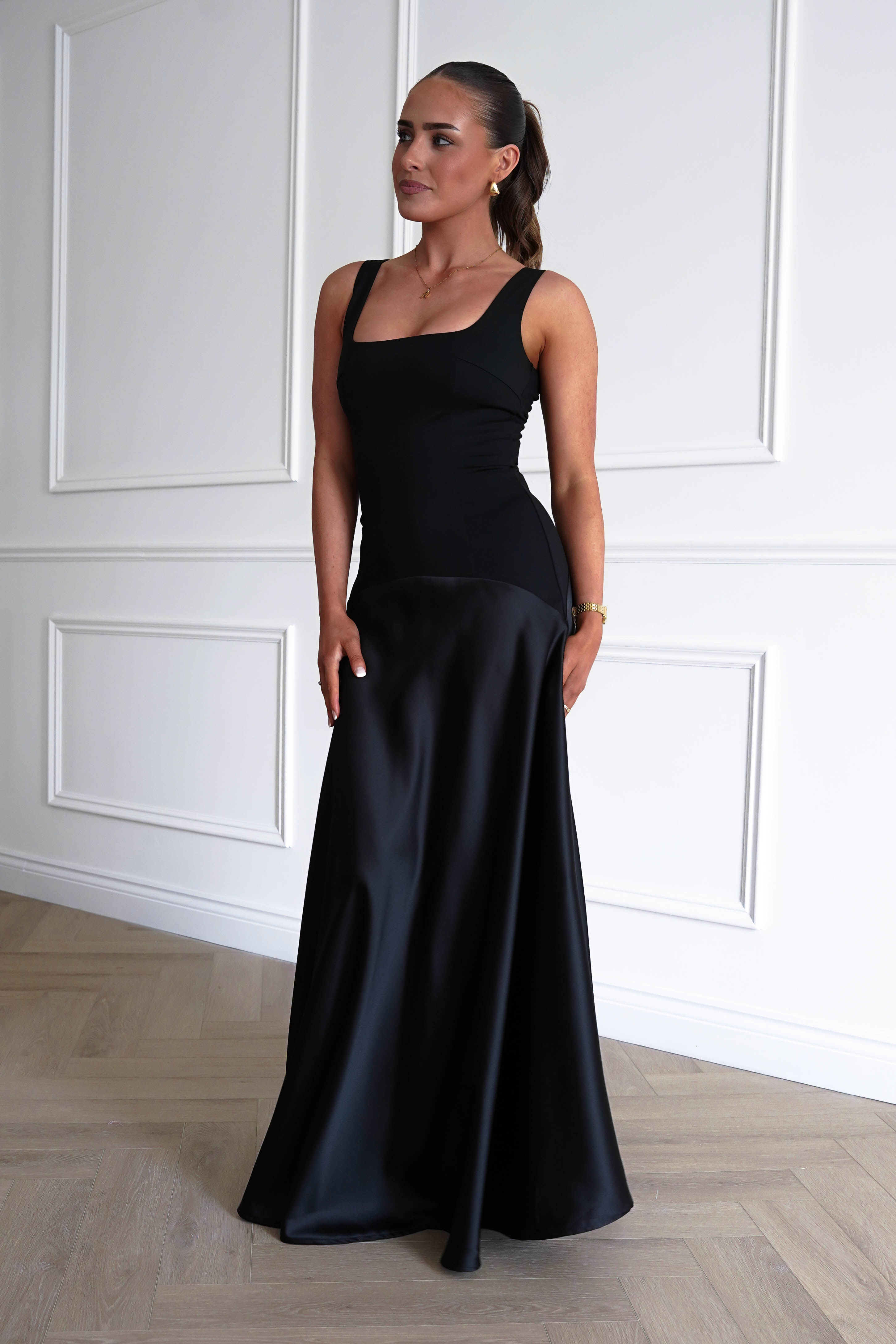 Oh Hello Clothing Dresses > Prom Dresses 1* DONE - Elena Square Neck Soft Satin Maxi Dress | Black