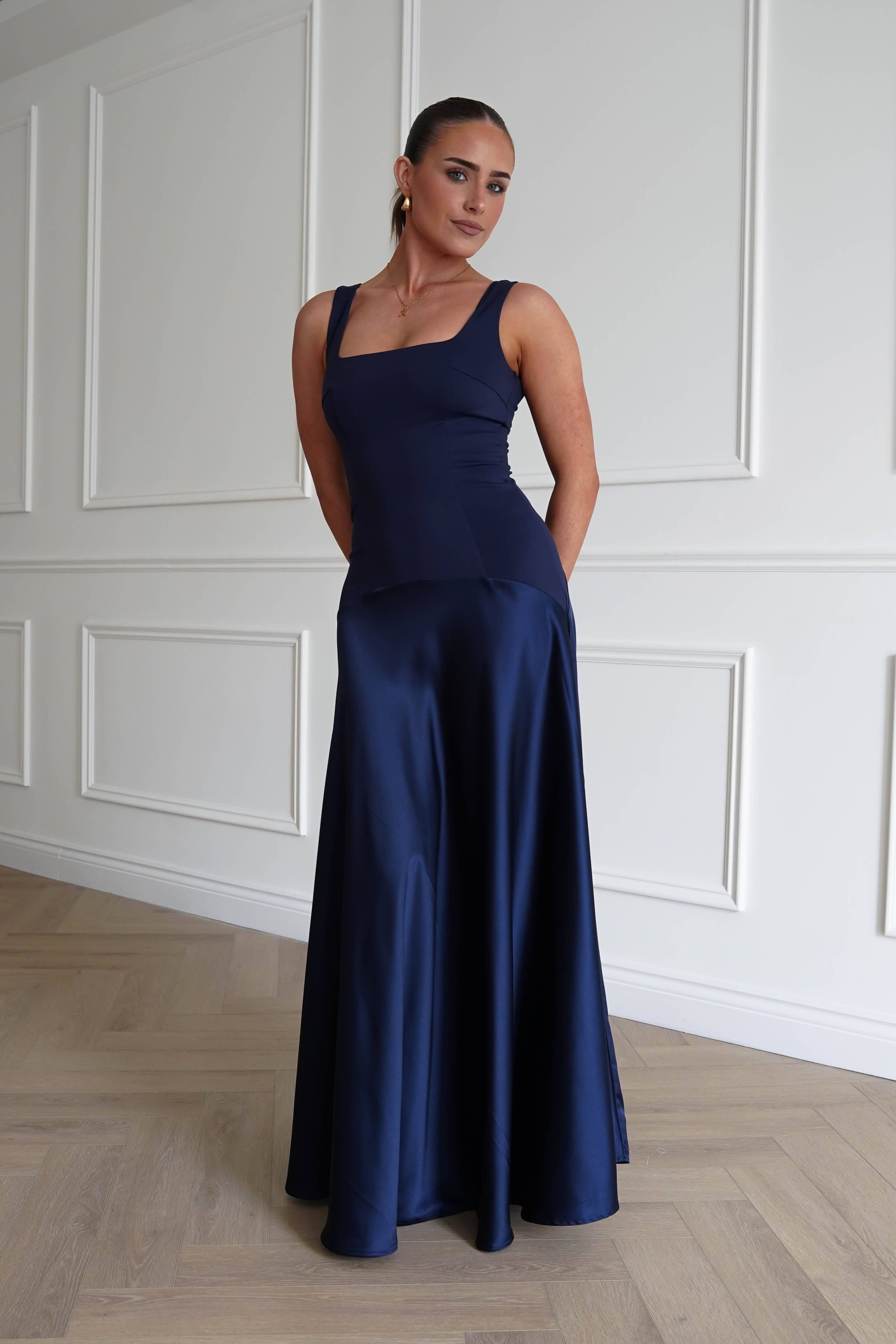 Oh Hello Clothing Dresses > Prom Dresses 1* Done - Elena Square Neck Soft Satin Maxi Dress | Navy