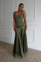 Oh Hello Clothing Dresses > Prom Dresses 1* DONE - Elena Square Neck Soft Satin Maxi Dress | Olive