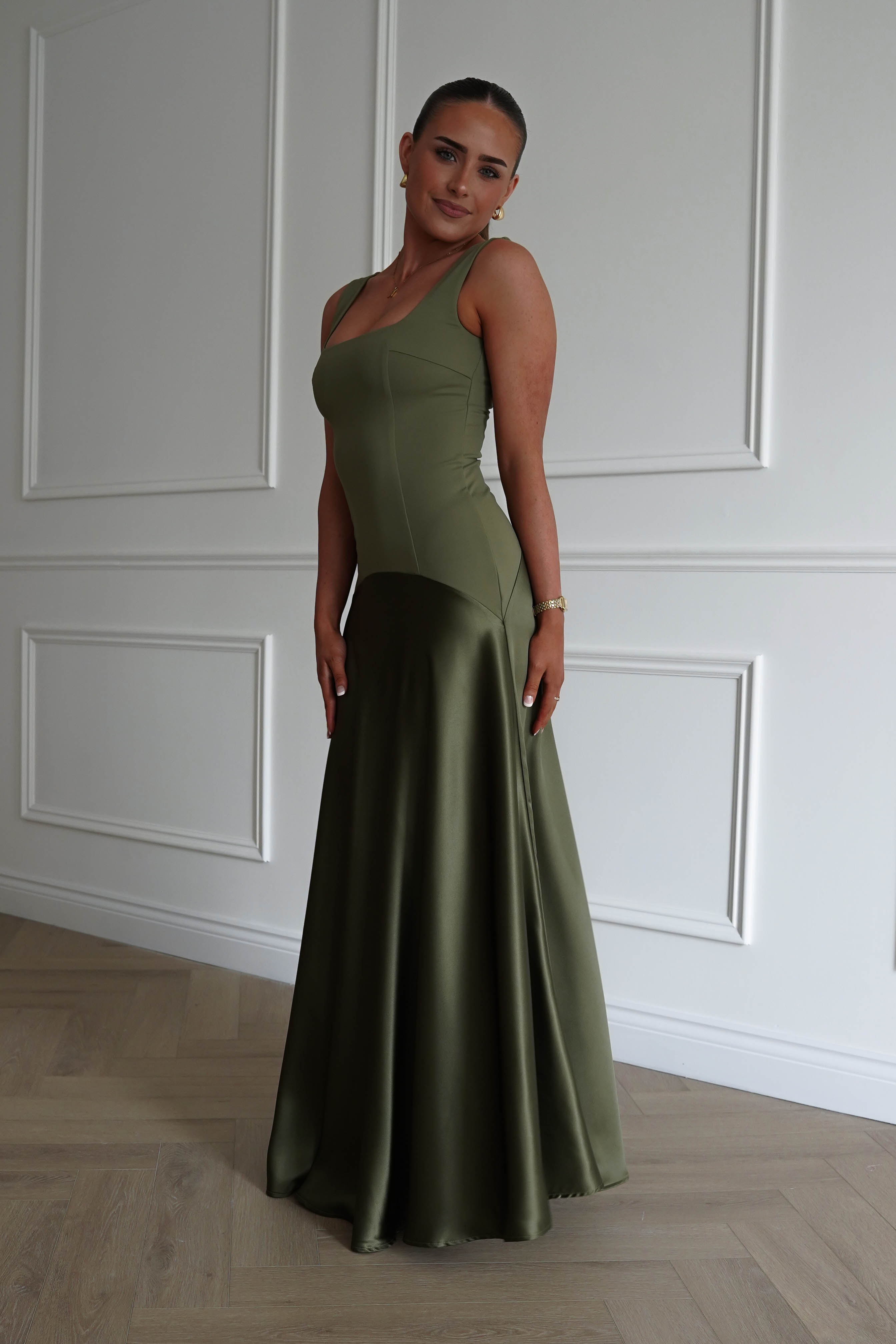 Oh Hello Clothing Dresses > Prom Dresses 1* DONE - Elena Square Neck Soft Satin Maxi Dress | Olive