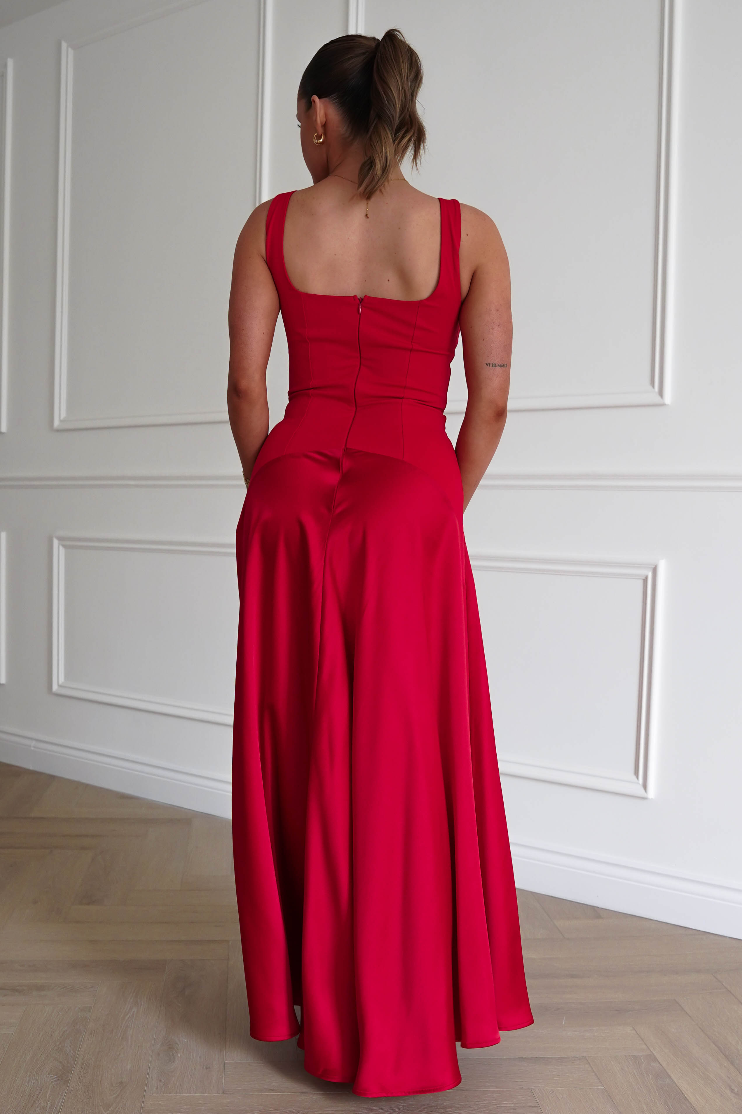 Oh Hello Clothing Dresses > Prom Dresses 1* DONE - Elena Square Neck Soft Satin Maxi Dress | Red