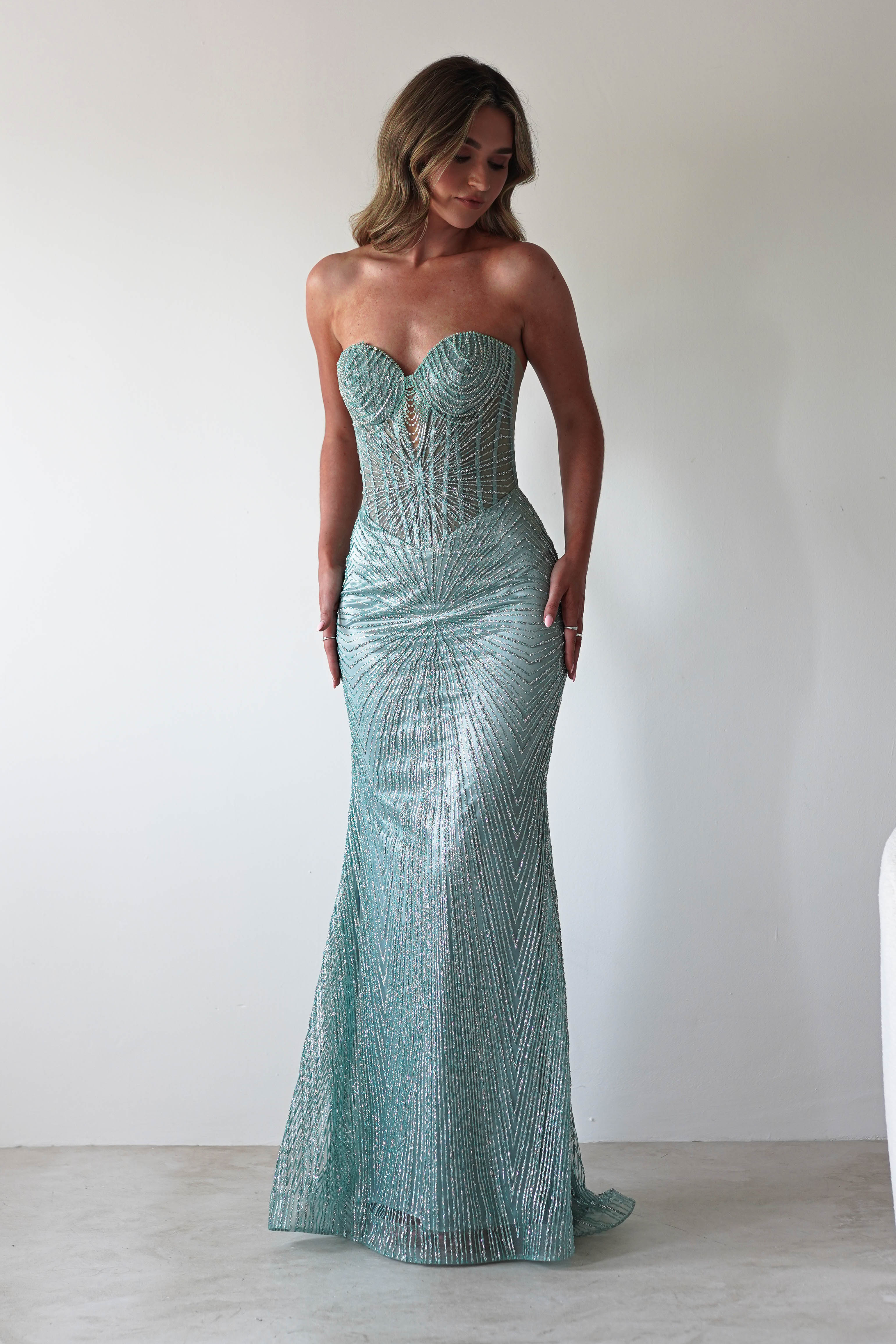 Elyse Glitter Strapless Gown | Sage | Debs & Prom | Formal Gown | Oh Hello Clothing