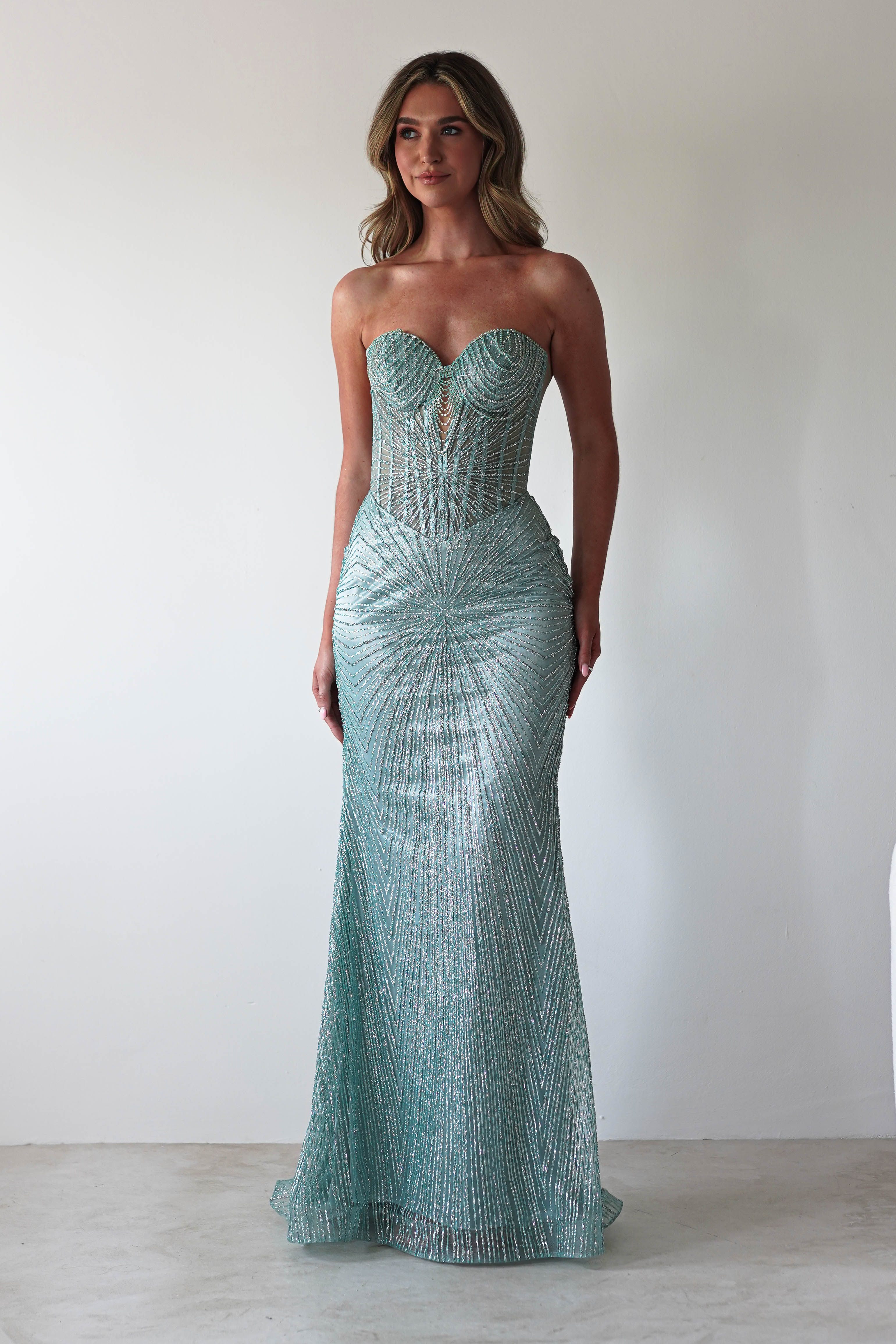 Elyse Glitter Strapless Gown | Sage | Debs & Prom | Formal Gown | Oh Hello Clothing