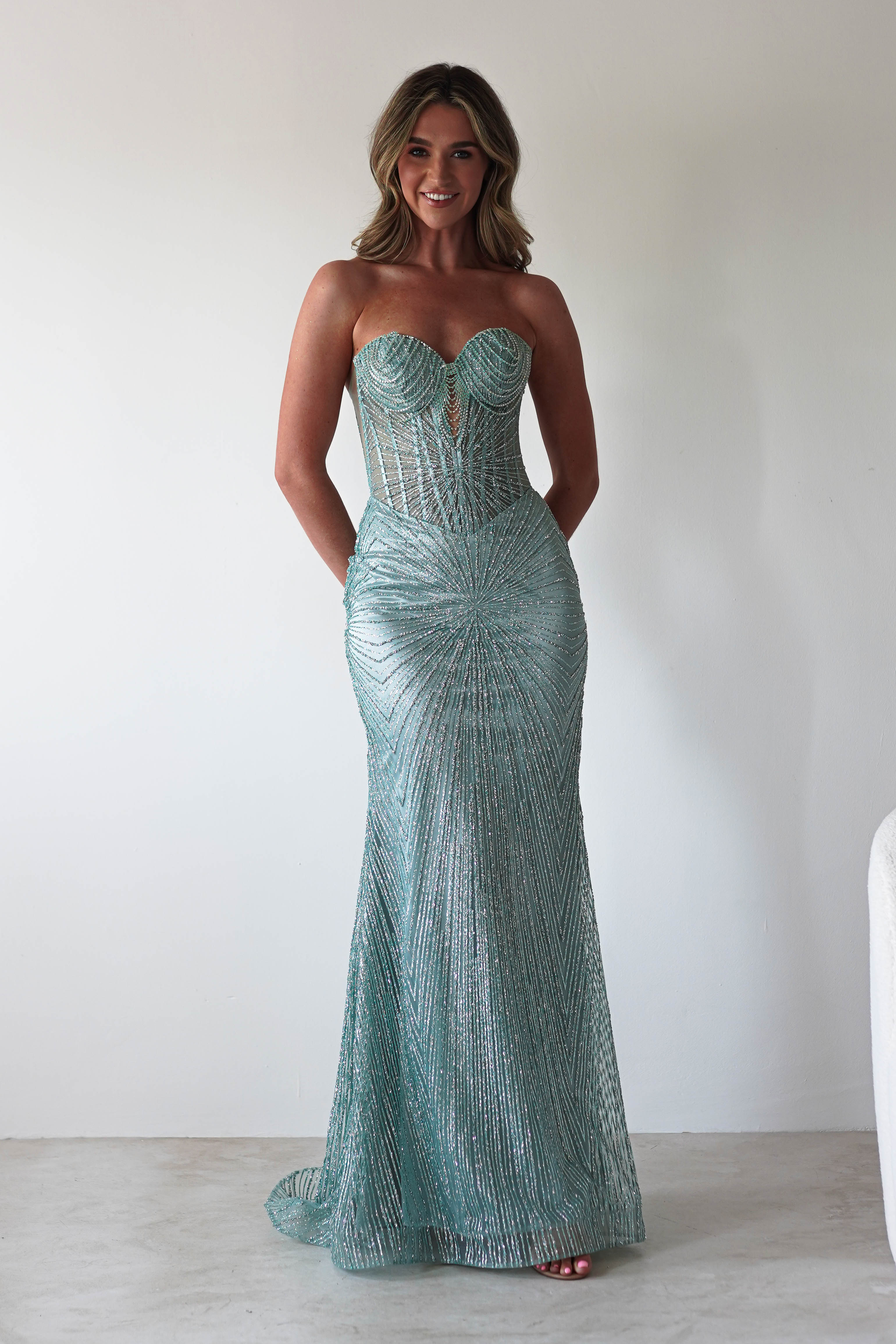 Elyse Glitter Strapless Gown | Sage | Debs & Prom | Formal Gown | Oh Hello Clothing