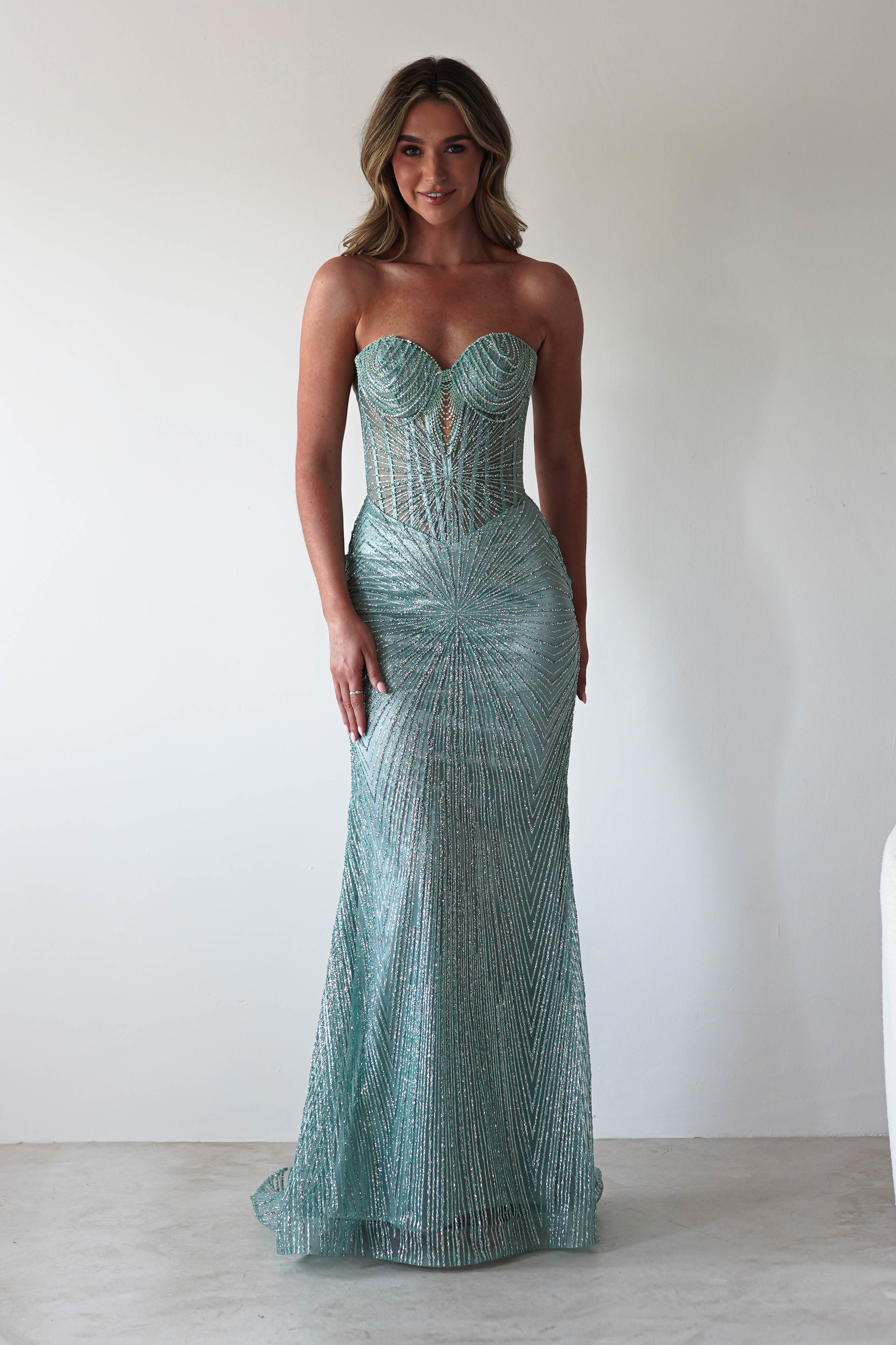 Elyse Glitter Strapless Gown | Sage | Debs & Prom | Formal Gown | Oh Hello Clothing
