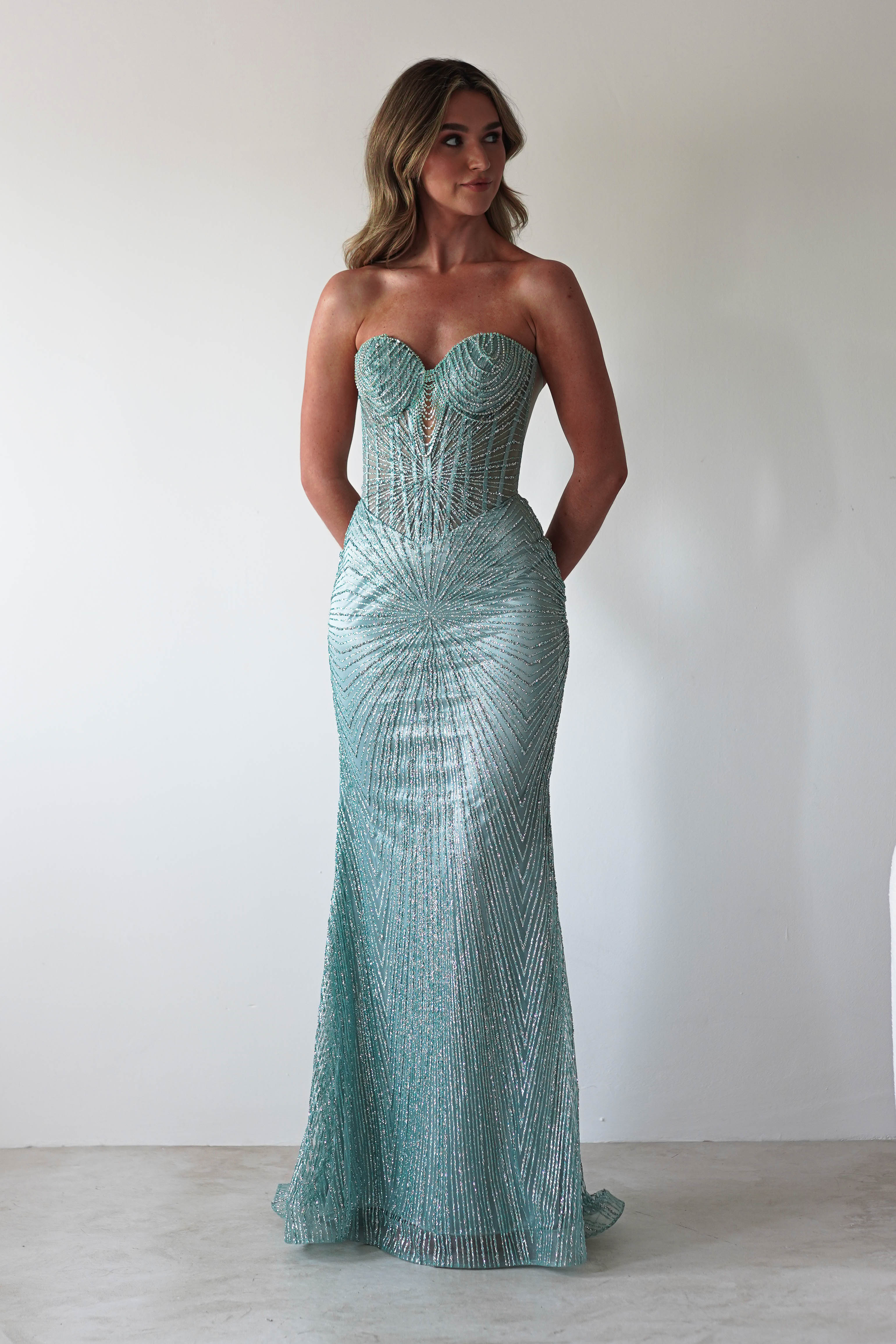 Elyse Glitter Strapless Gown | Sage | Debs & Prom | Formal Gown | Oh Hello Clothing