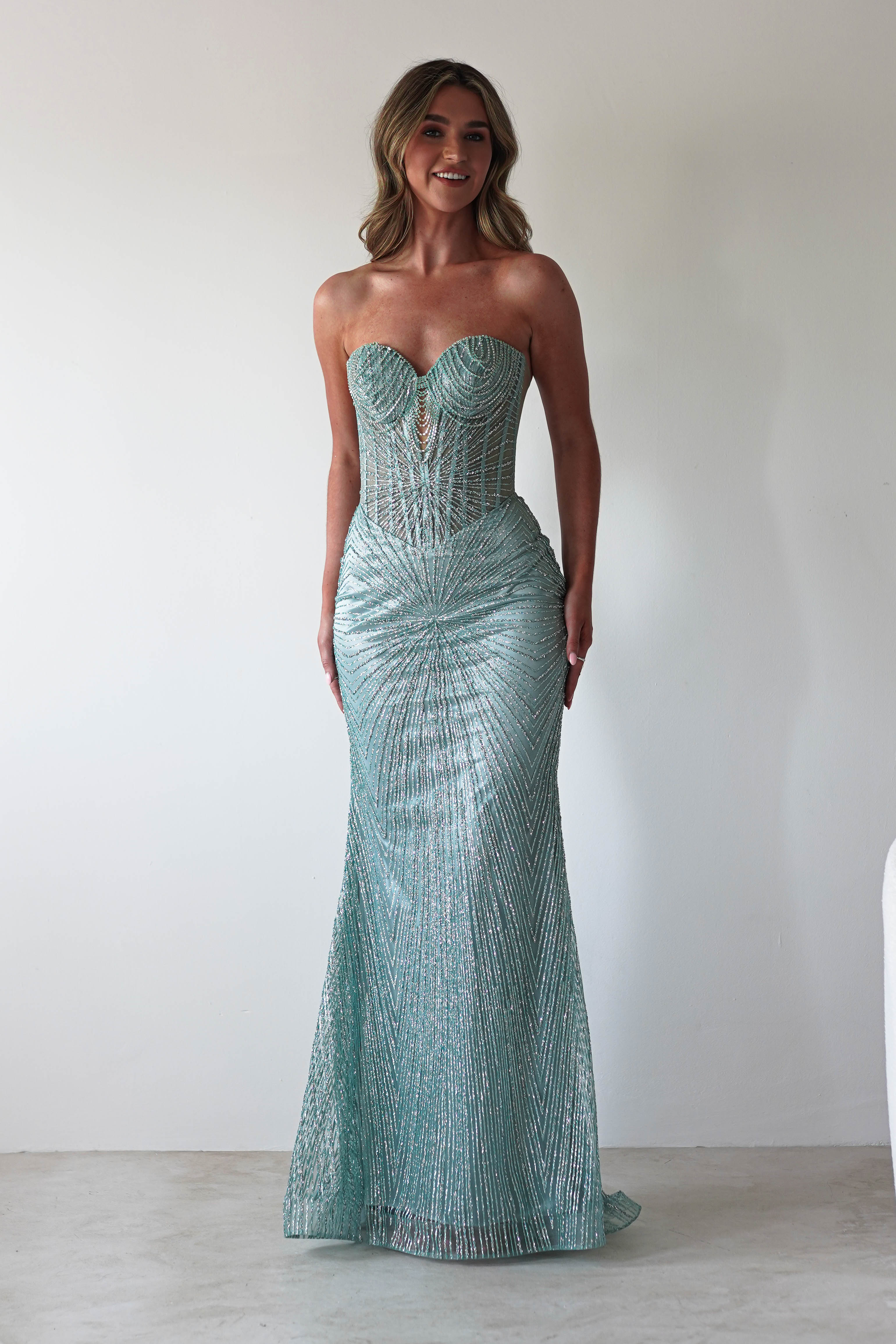 Elyse Glitter Strapless Gown | Sage | Debs & Prom | Formal Gown | Oh Hello Clothing