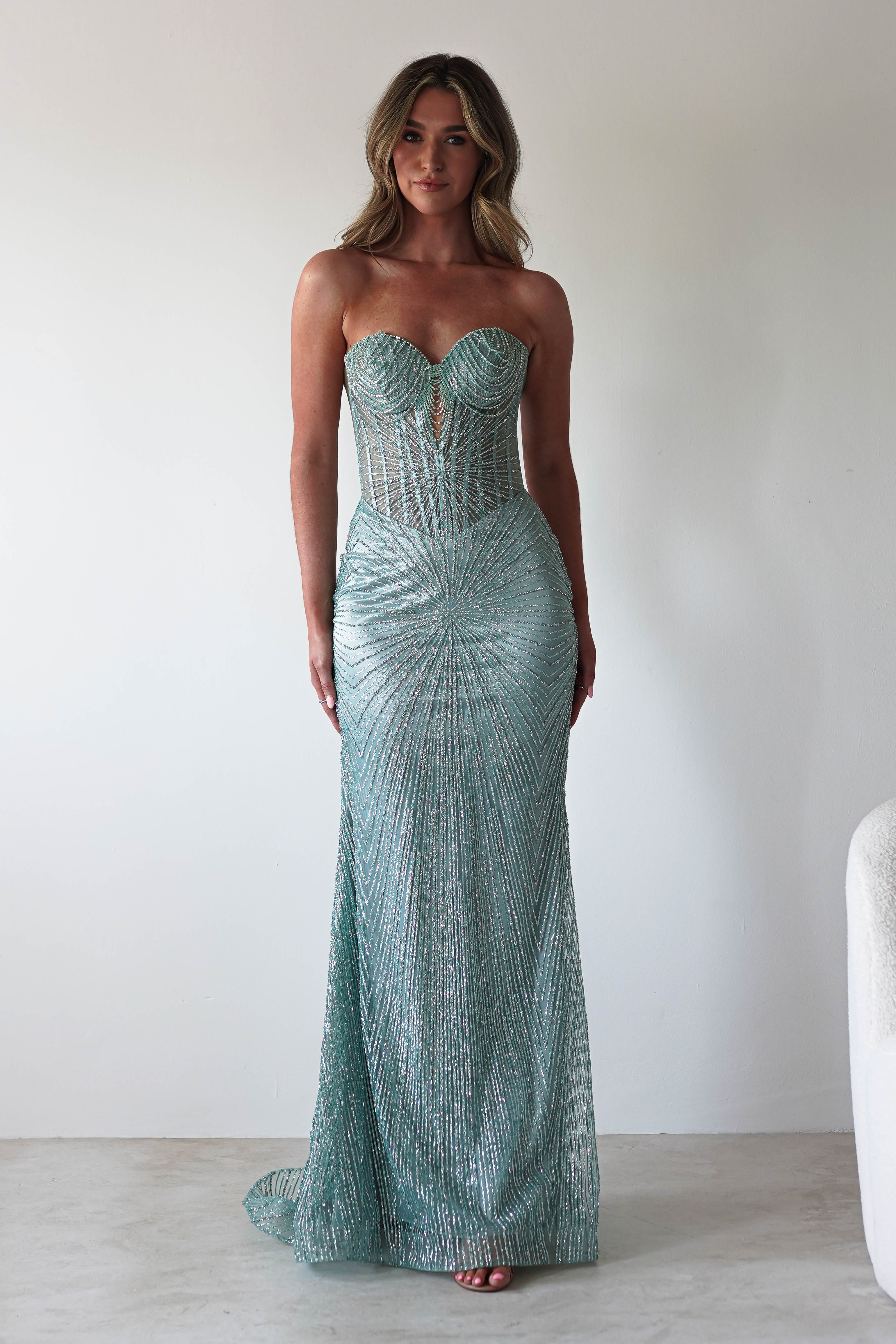 Elyse Glitter Strapless Gown | Sage | Debs & Prom | Formal Gown | Oh Hello Clothing