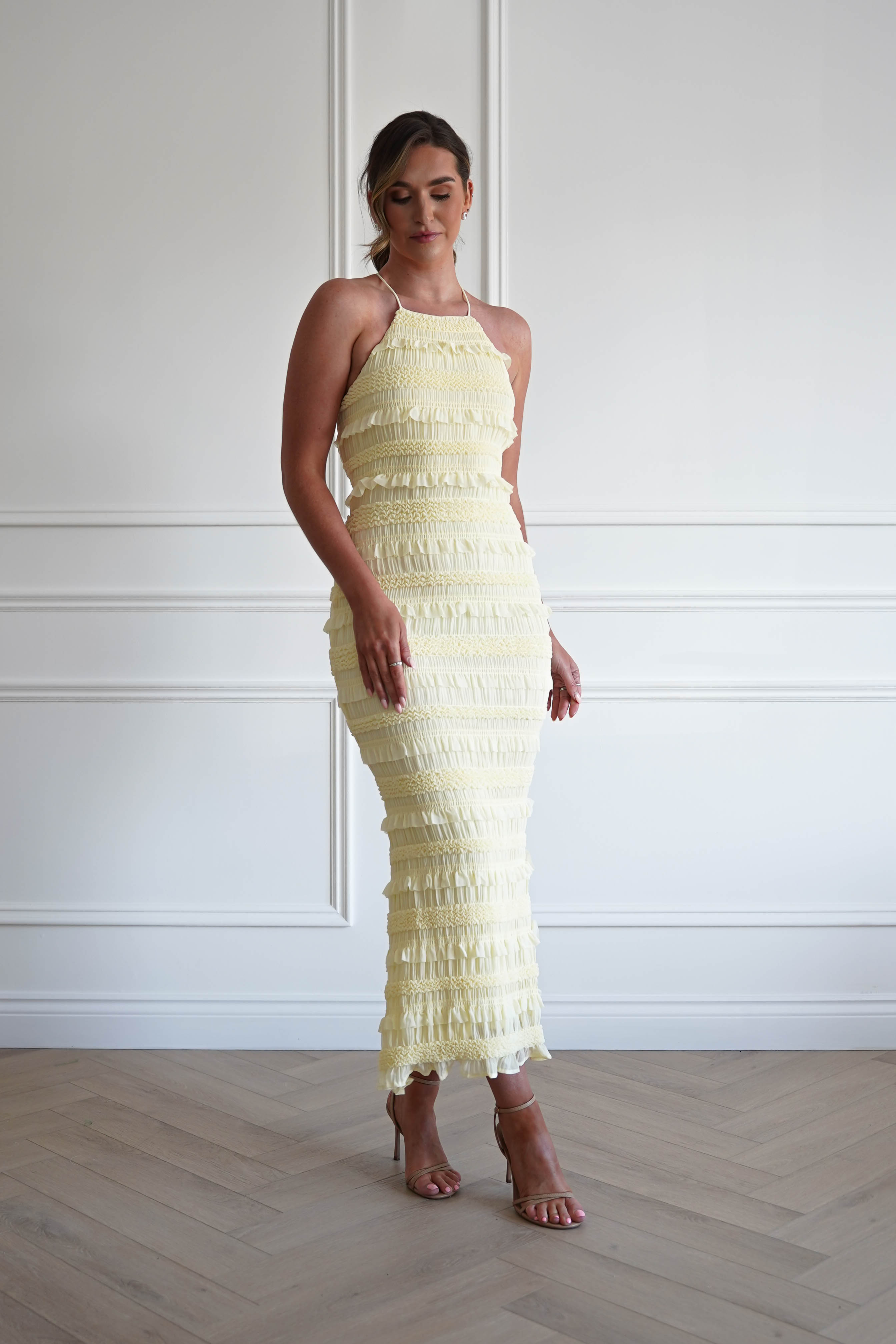 Oh Hello Clothing Women > Clothing > Dresses 1*DONE- FP- 578201- Yellow Ruffle Bodycon Maxi Dress
