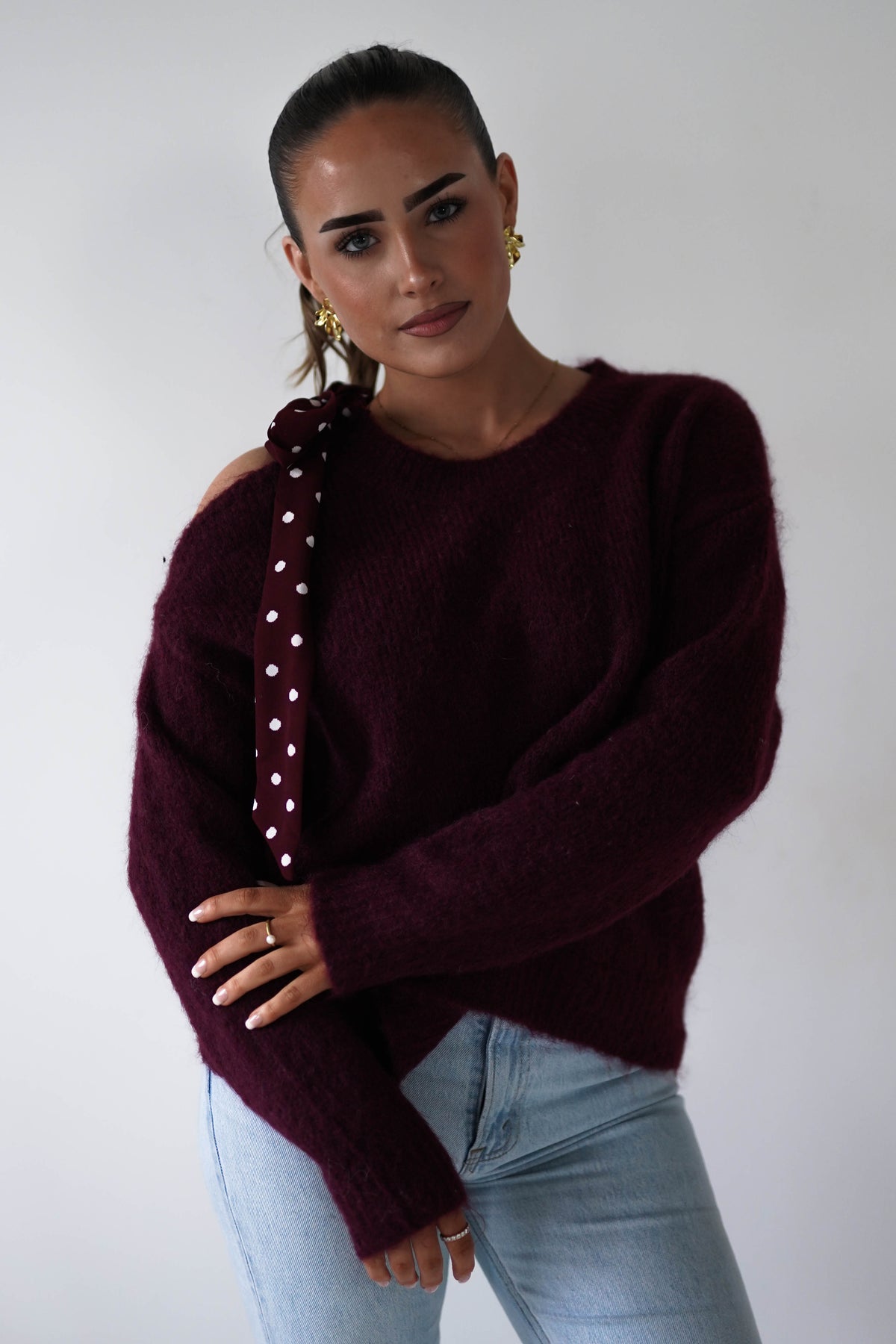 Oh Hello Clothing Women > Clothing > Knitwear ONE SIZE (6/12) 1*DONE-GRACIELA-PU6378 burgundy and white polka dot Detail Knit Jumper