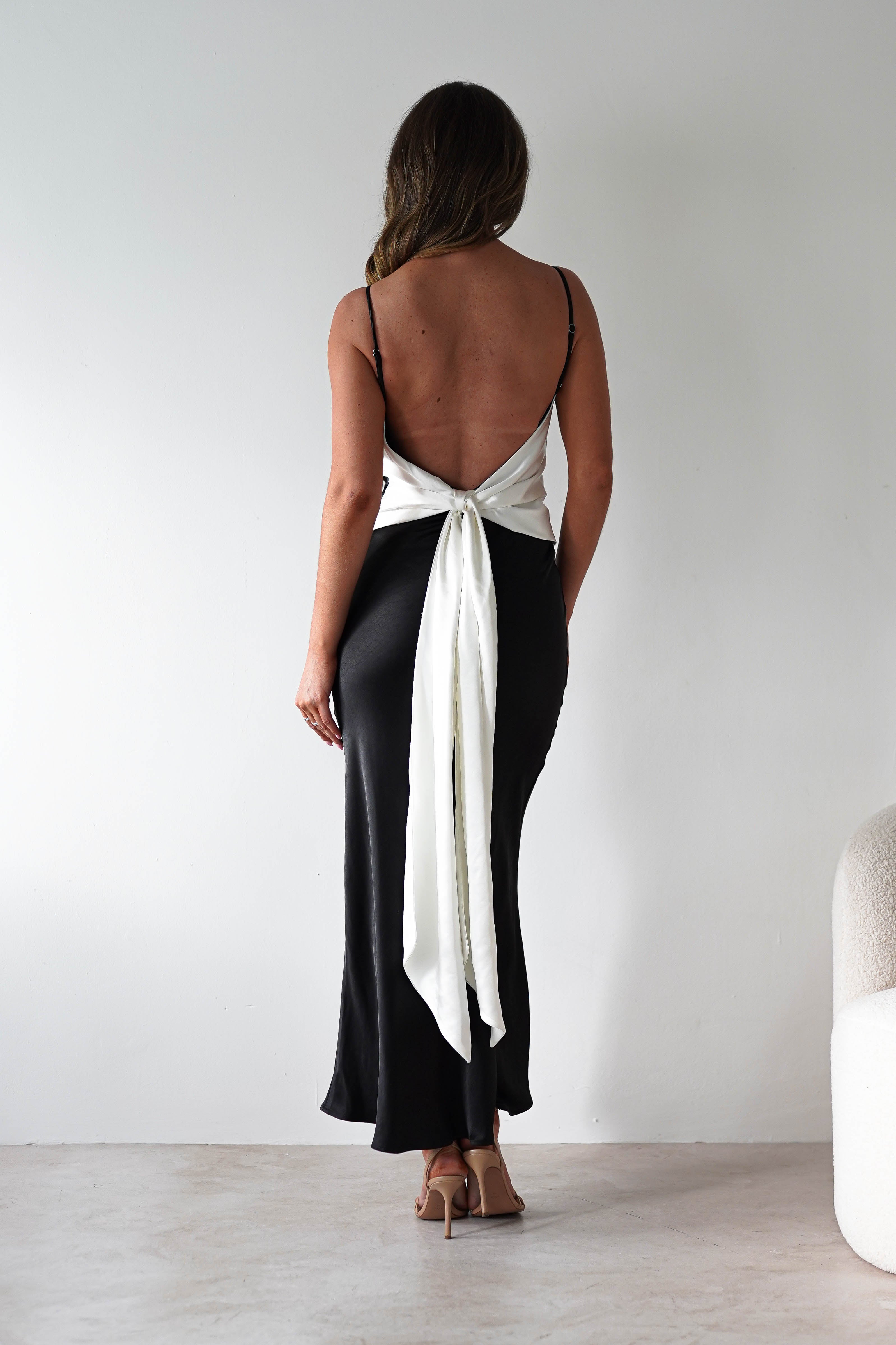 Hermie Silky Satin Maxi Dress Black/White | Black Tie Evening Dress | Maxi | Satin | Oh Hello Clothing