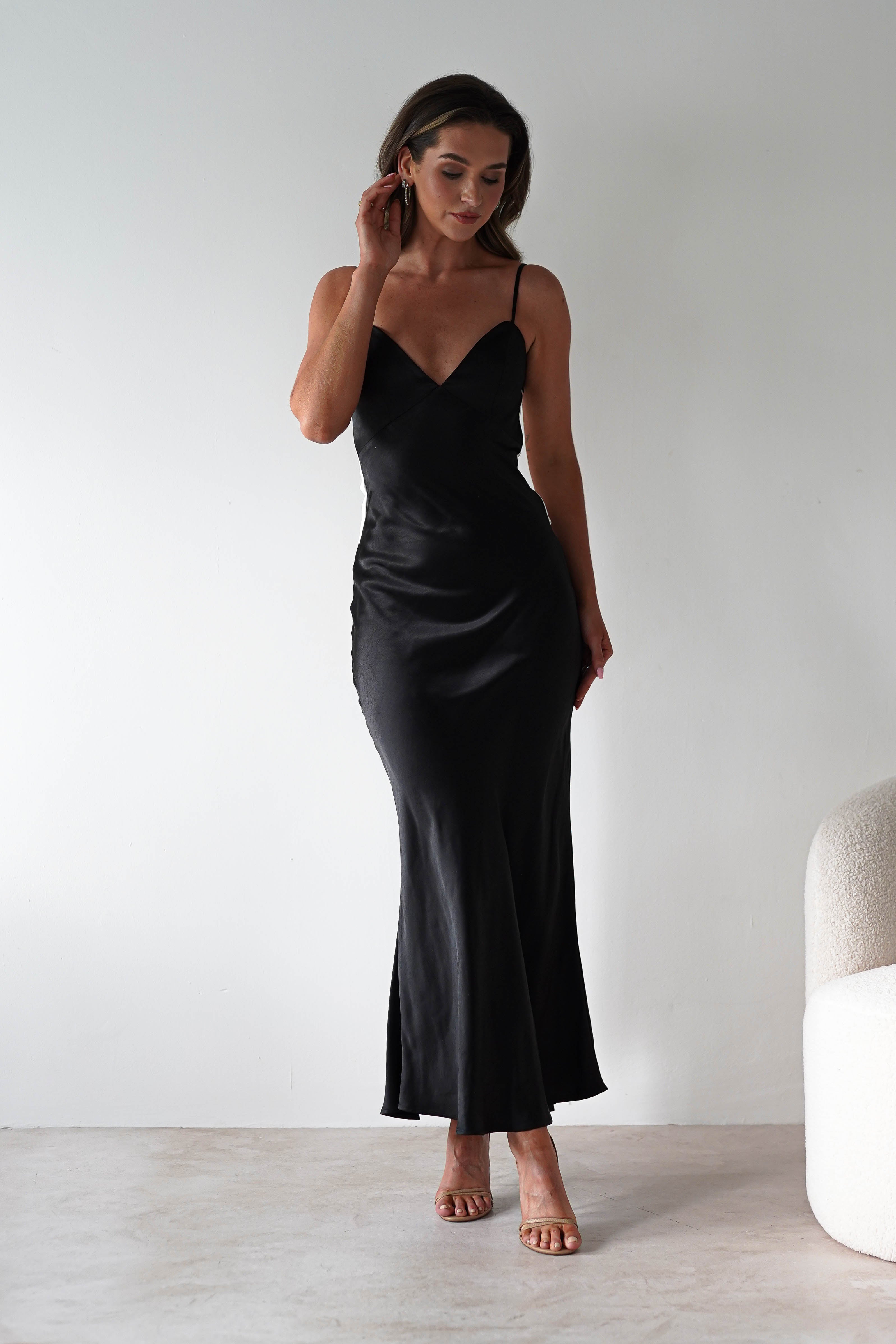 Hermie Silky Satin Maxi Dress Black/White | Black Tie Evening Dress | Maxi | Satin | Oh Hello Clothing