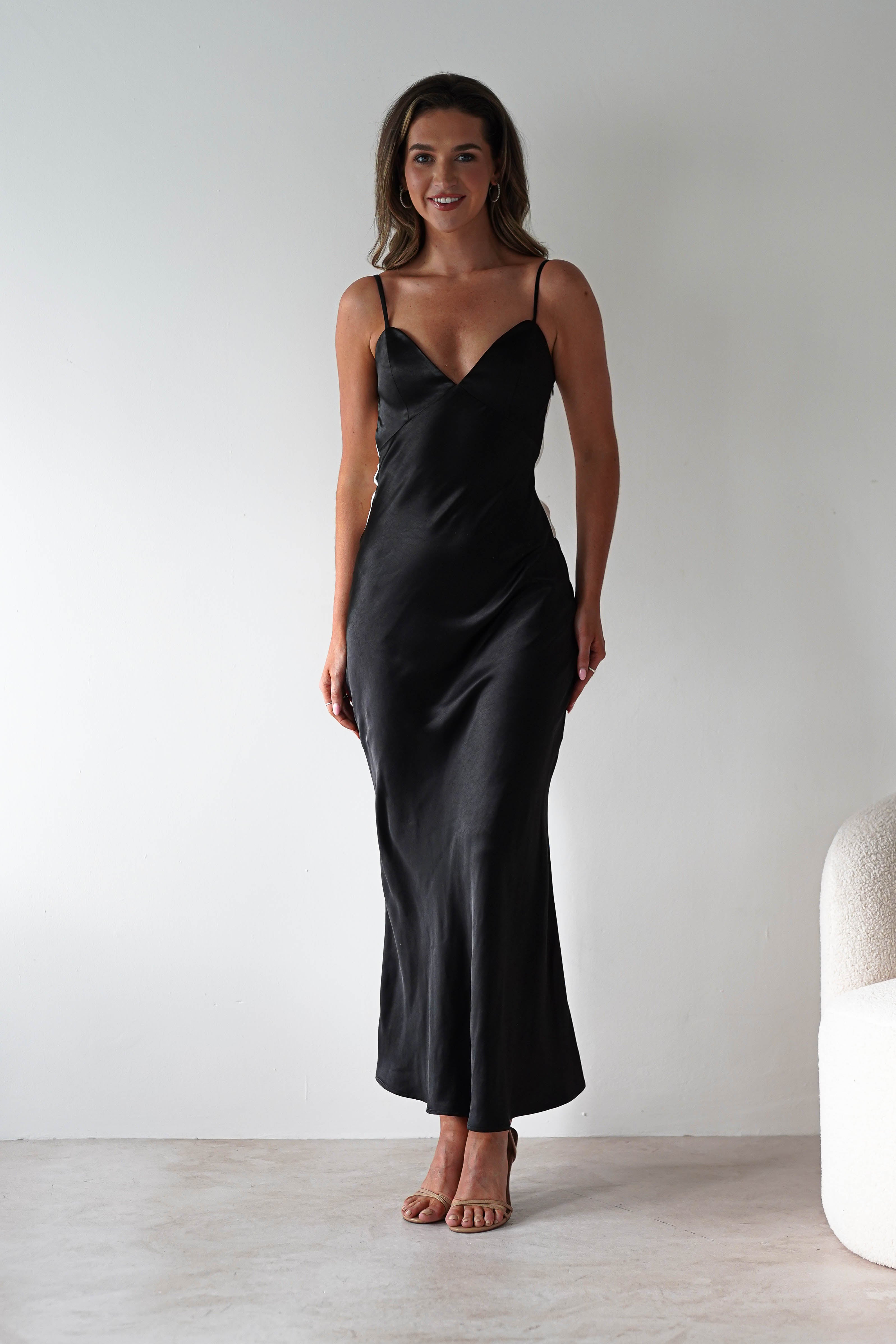 Hermie Silky Satin Maxi Dress Black/White | Black Tie Evening Dress | Maxi | Satin | Oh Hello Clothing