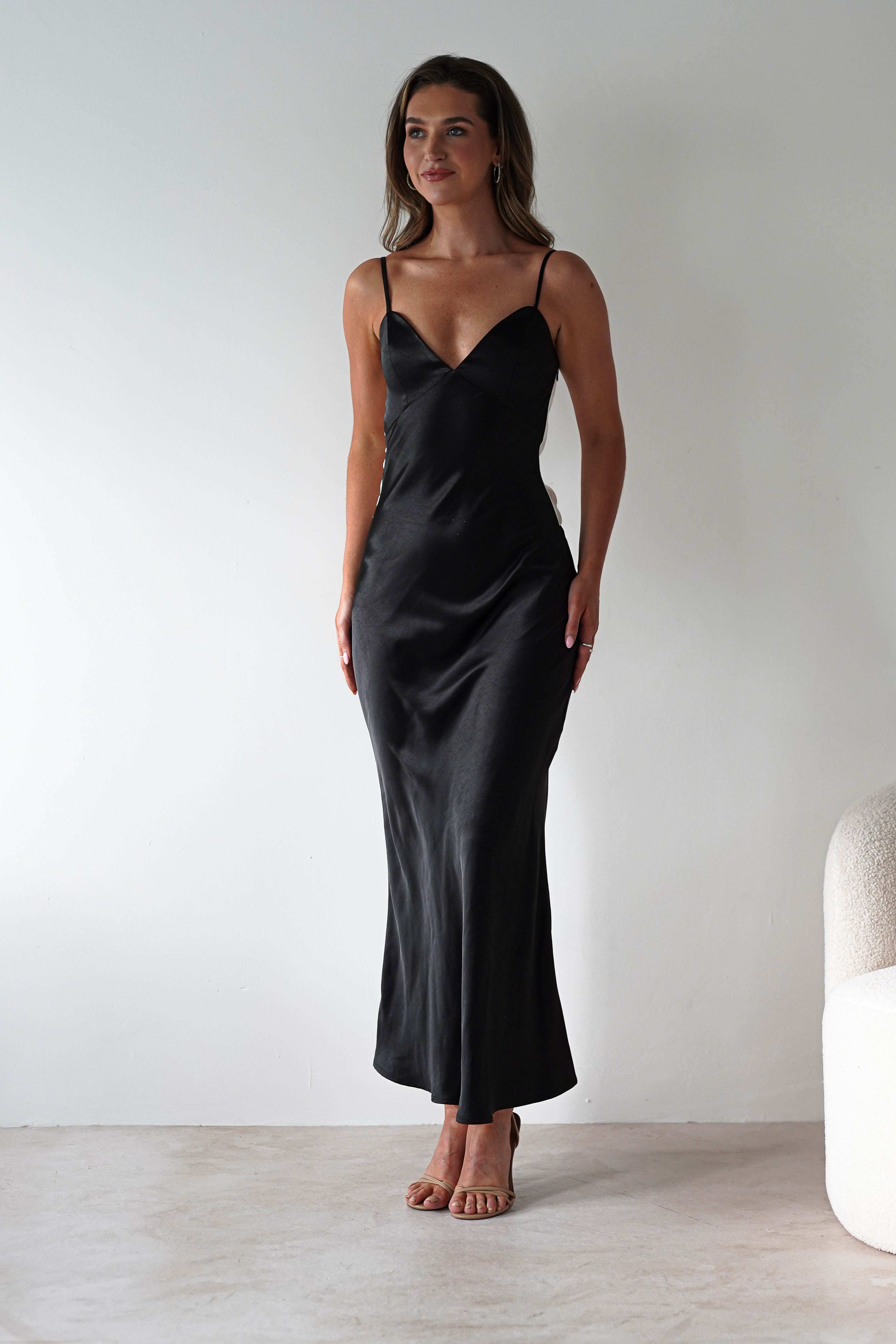 Hermie Silky Satin Maxi Dress Black/White | Black Tie Evening Dress | Maxi | Satin | Oh Hello Clothing