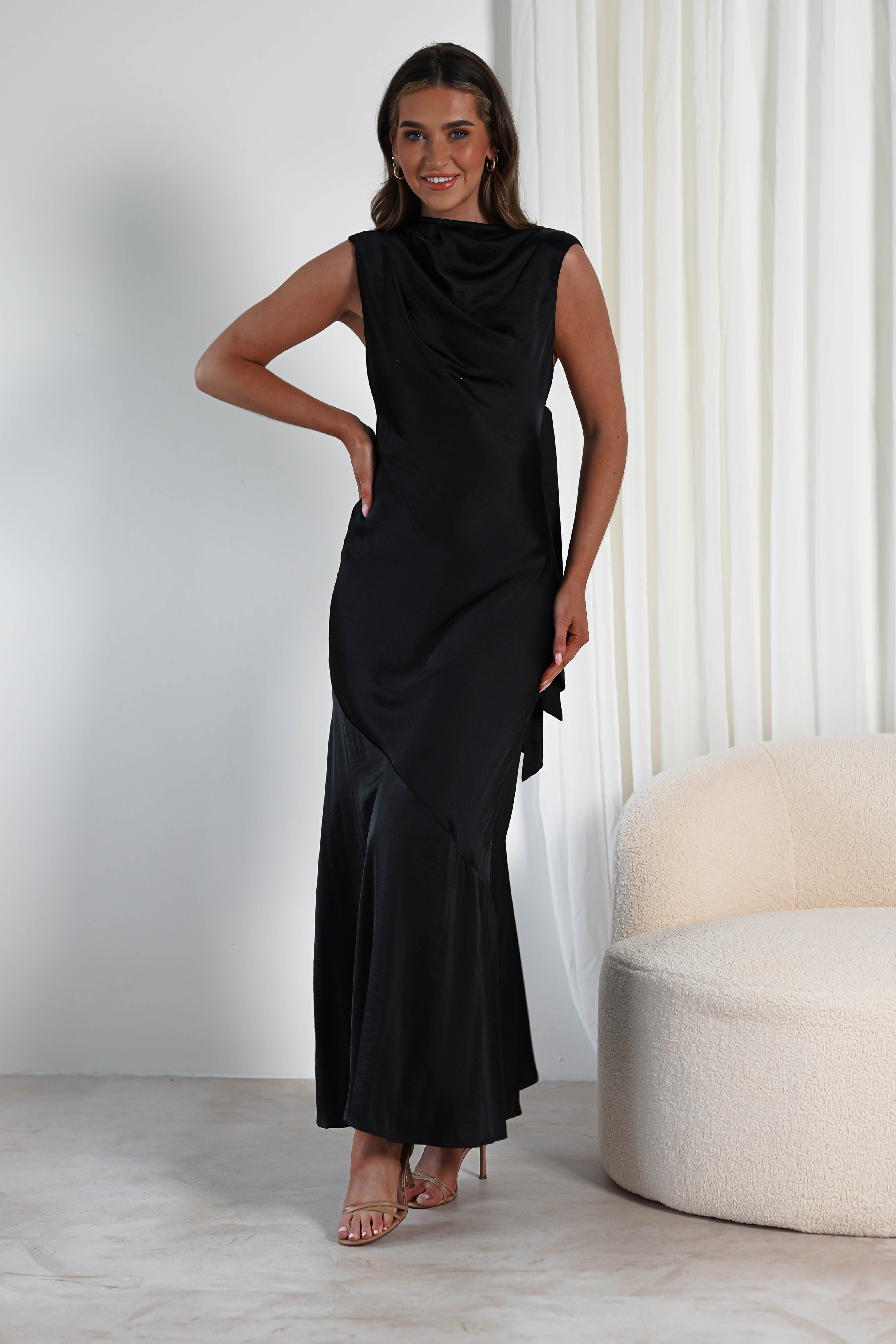 Avelina Soft Satin Maxi Dress Black | Black Tie Evening Dress | Maxi | Satin | Oh Hello Clothing